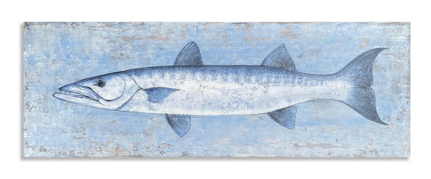 Yihui Arts Blue And White Fish Canvas Wall Art - Coastal Paintings With Textured For Living Room Bedroom Bathroom Decor