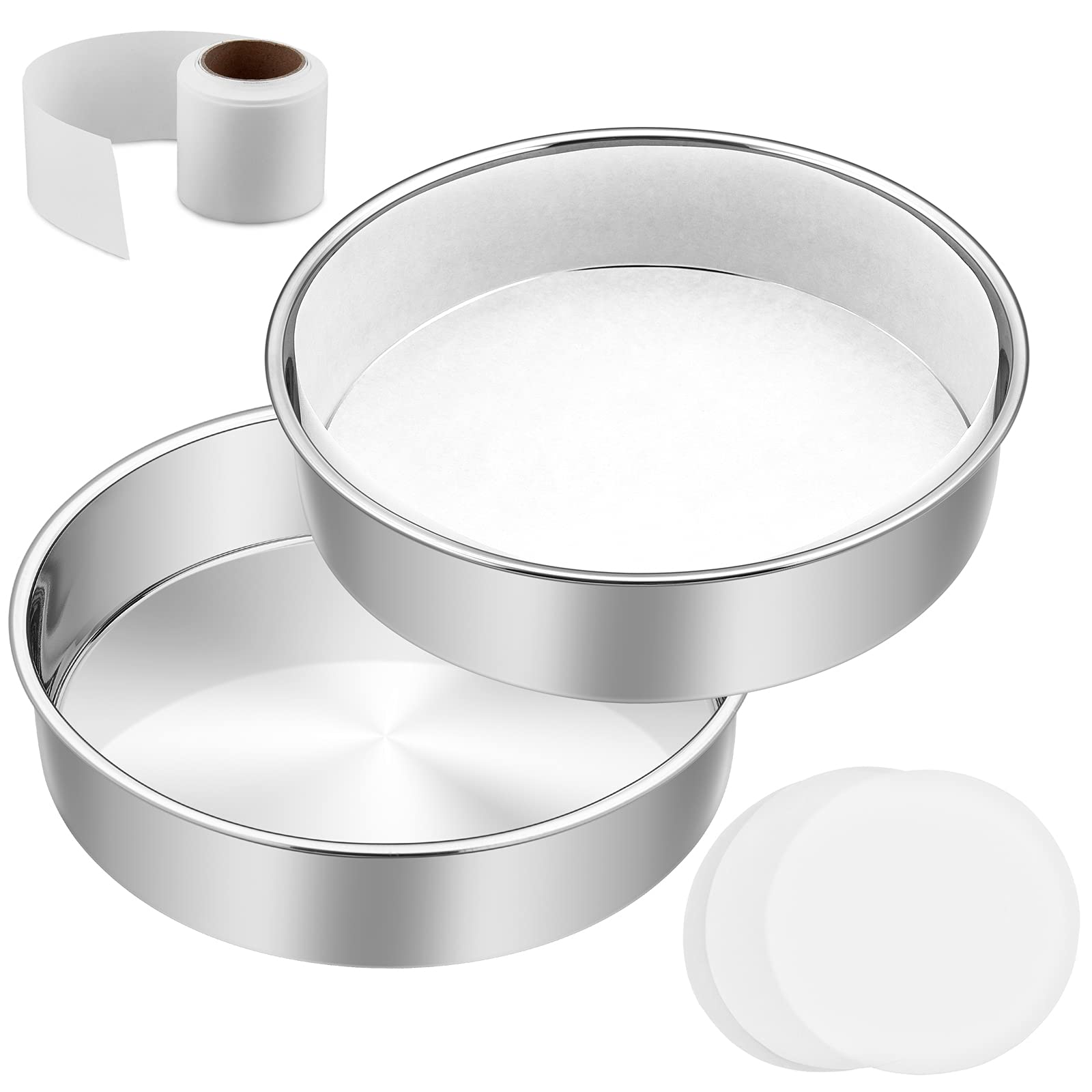 8 Inch Cake Pan Set Of 2, E-Far Stainless Steel Round Layer Cake Baking Pans With Parchment Rounds & Side Liner Roll, Non-Toxic