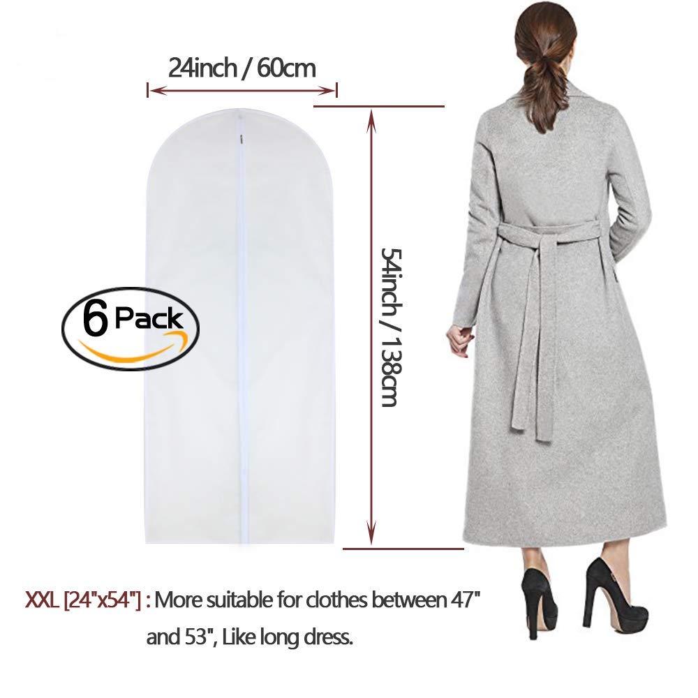 garment Bag clear 24 x 54 Long Dress garment Bags White Breathable Full Zipper Dust cover for clothes Storage closet Pack of 6
