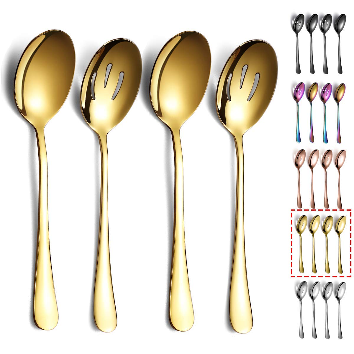 Gold Serving Spoons 4 Pieces, Kyraton Titanium Plating Serving Spoon, Include 2 Serving Spoon And 2 Slotted Spoons, Stainless St