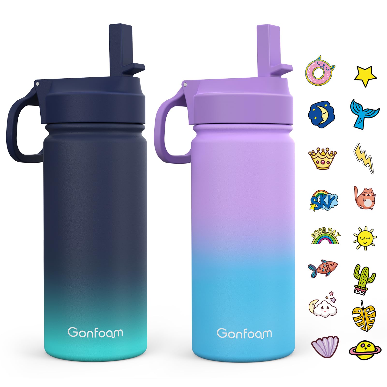 Kids Water Bottle, 2-Pack 16oz Water Bottles with Stickers and Straw, Stainless Steel Vacuum Insulated cup, Kids Water Bottle fo