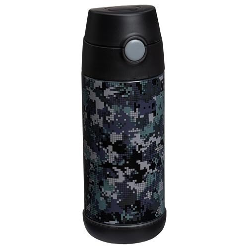 Snug Kids Water Bottle - insulated stainless steel thermos with straw (girlsBoys) - Black Digi camo  12oz
