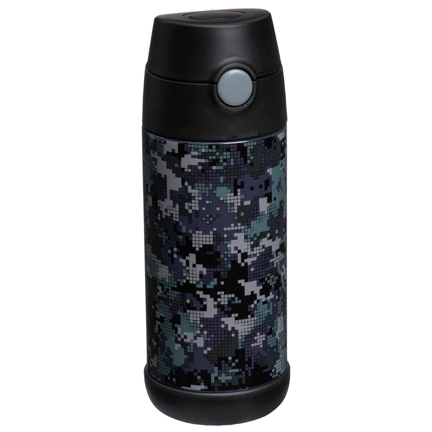 Snug Kids Water Bottle - insulated stainless steel thermos with straw (girlsBoys) - Black Digi camo  12oz