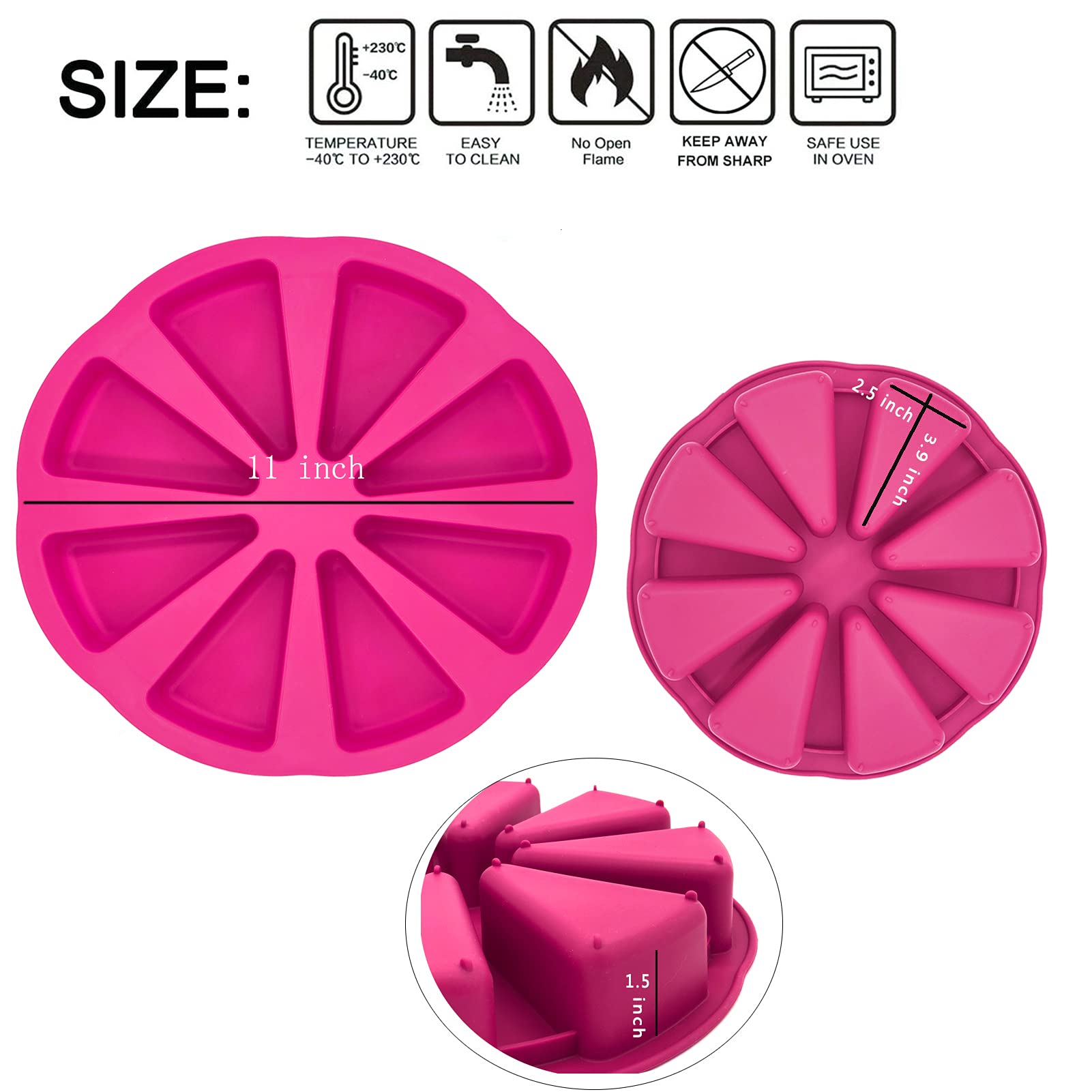 Meajore 2 Pcs Silicone Cake Scone Pan,Triangle 8 Cavity Pizza Cake Pan,Internal Diameter 4 Inch Cake Pan For Brownies Muffins,Ch
