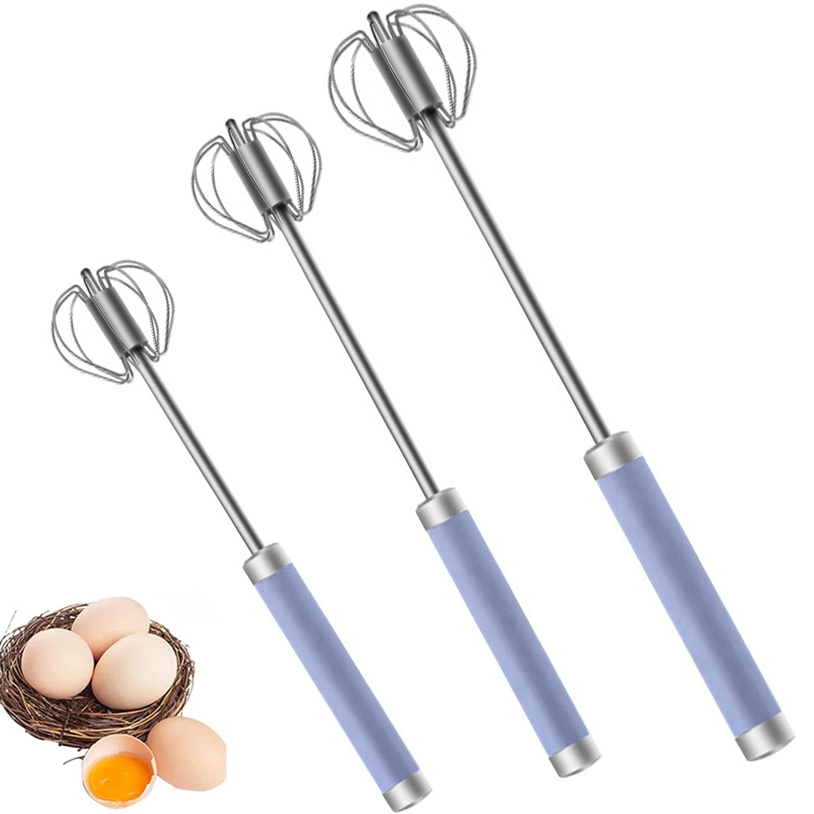 Stainless Steel Semi-Automatic Egg Whisk - 3Pcs Hand Push Rotary Whisk Blender (Purple)