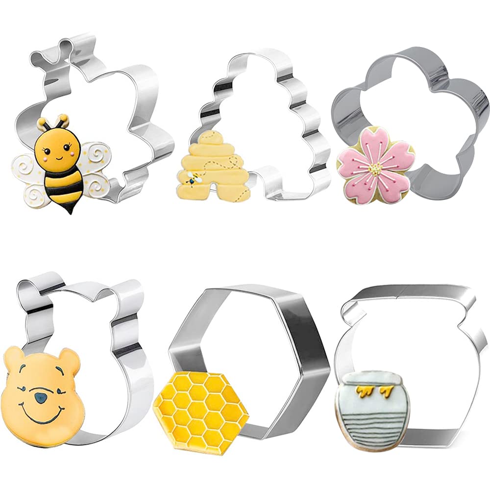 Kukifun 6Pack Bee Cookie Cutters Set, Bee,Beehive,Honey Jar,Winnie The Pooh,Flower Shapes Stainless Steel Biscuit Molds For Hone