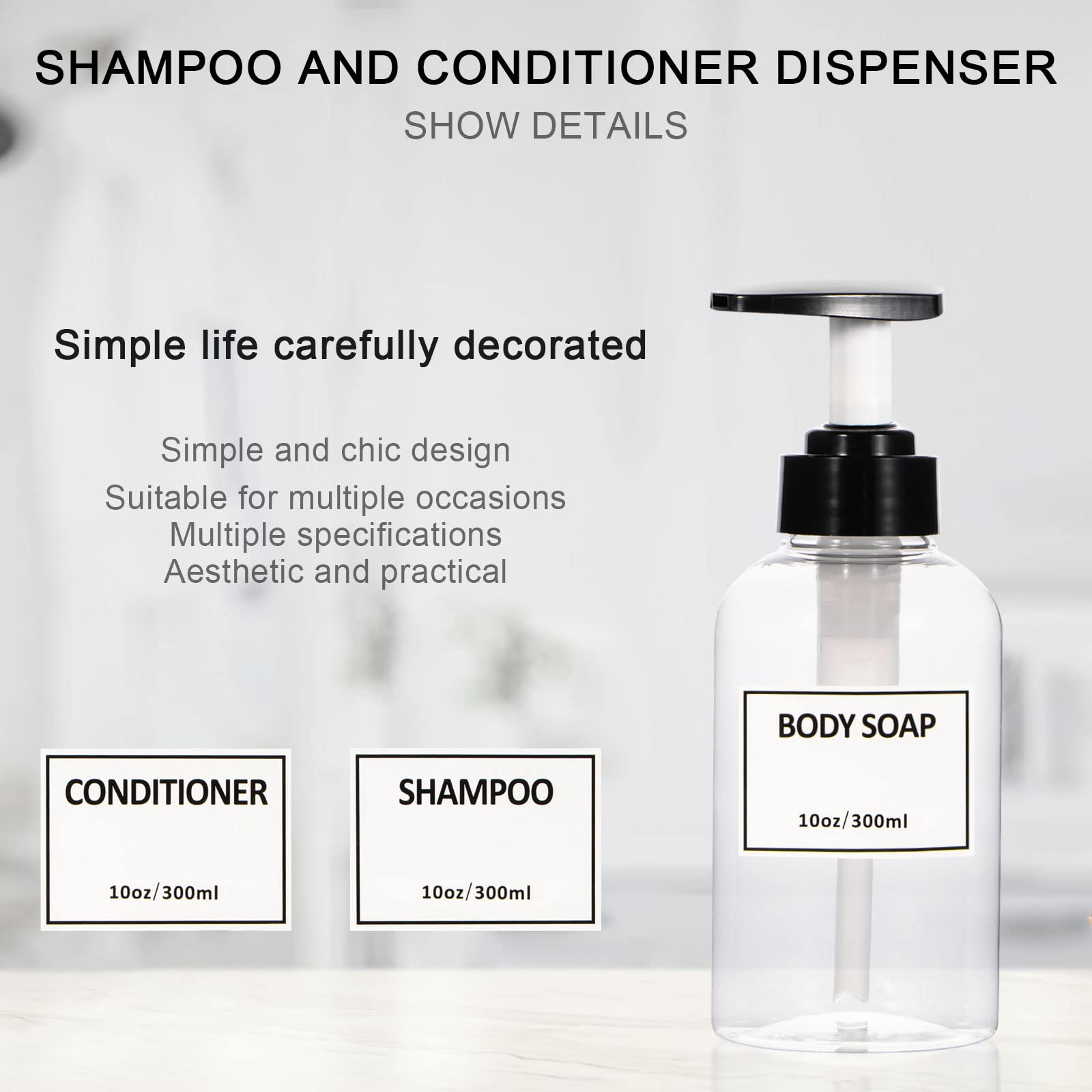 Clear Pump Bottle,Yeeco Shampoo Dispenser With Waterproof Labels 10Oz/300Ml, Shampoo And Conditioner Bottles 3 Packs, Shampoo Bo