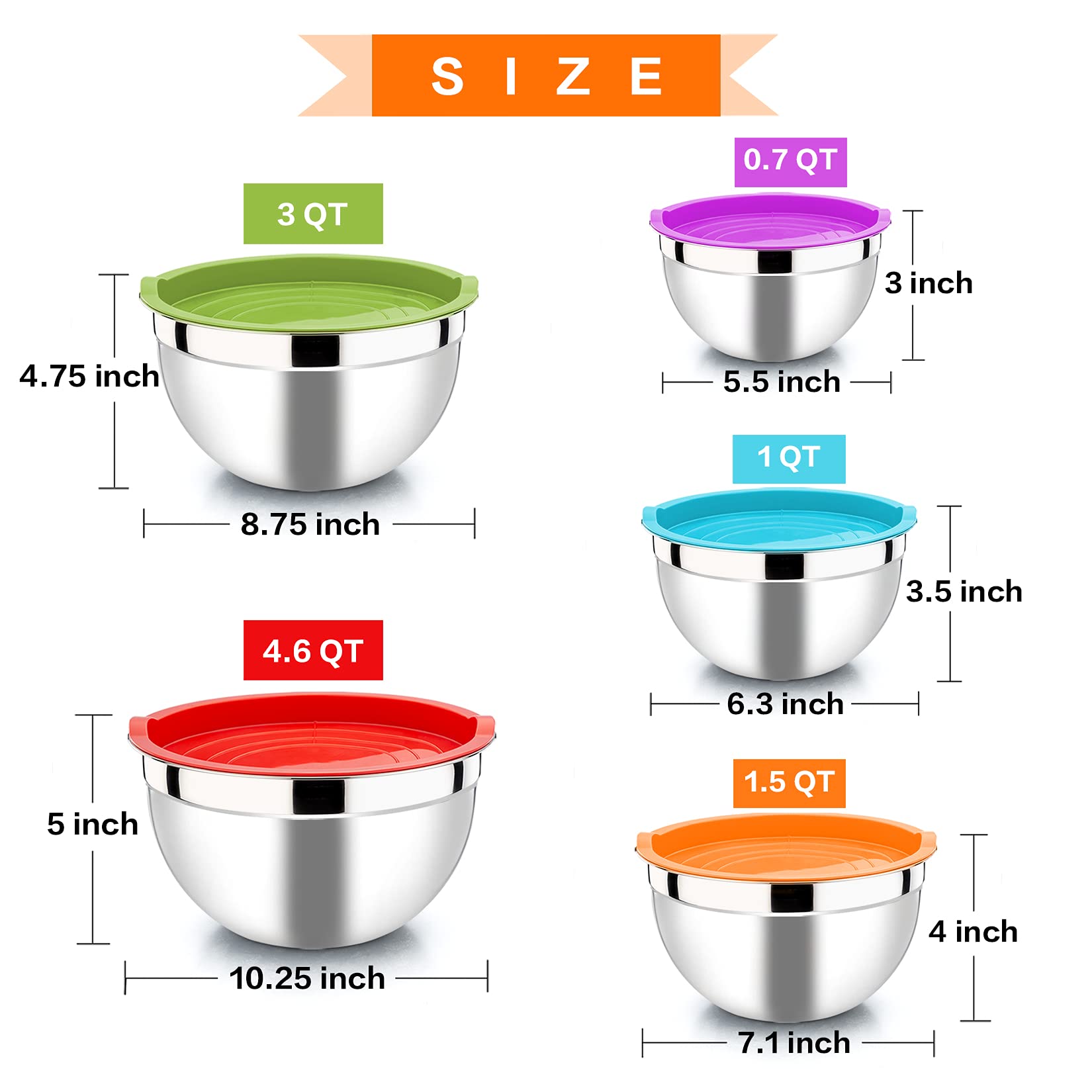 P&P Chef Mixing Bowl With Lid Set Of 5, 10-Piece Stainless Steel Nesting Salad Bowl Set For Prepping, Mixing And Serving, Size 4