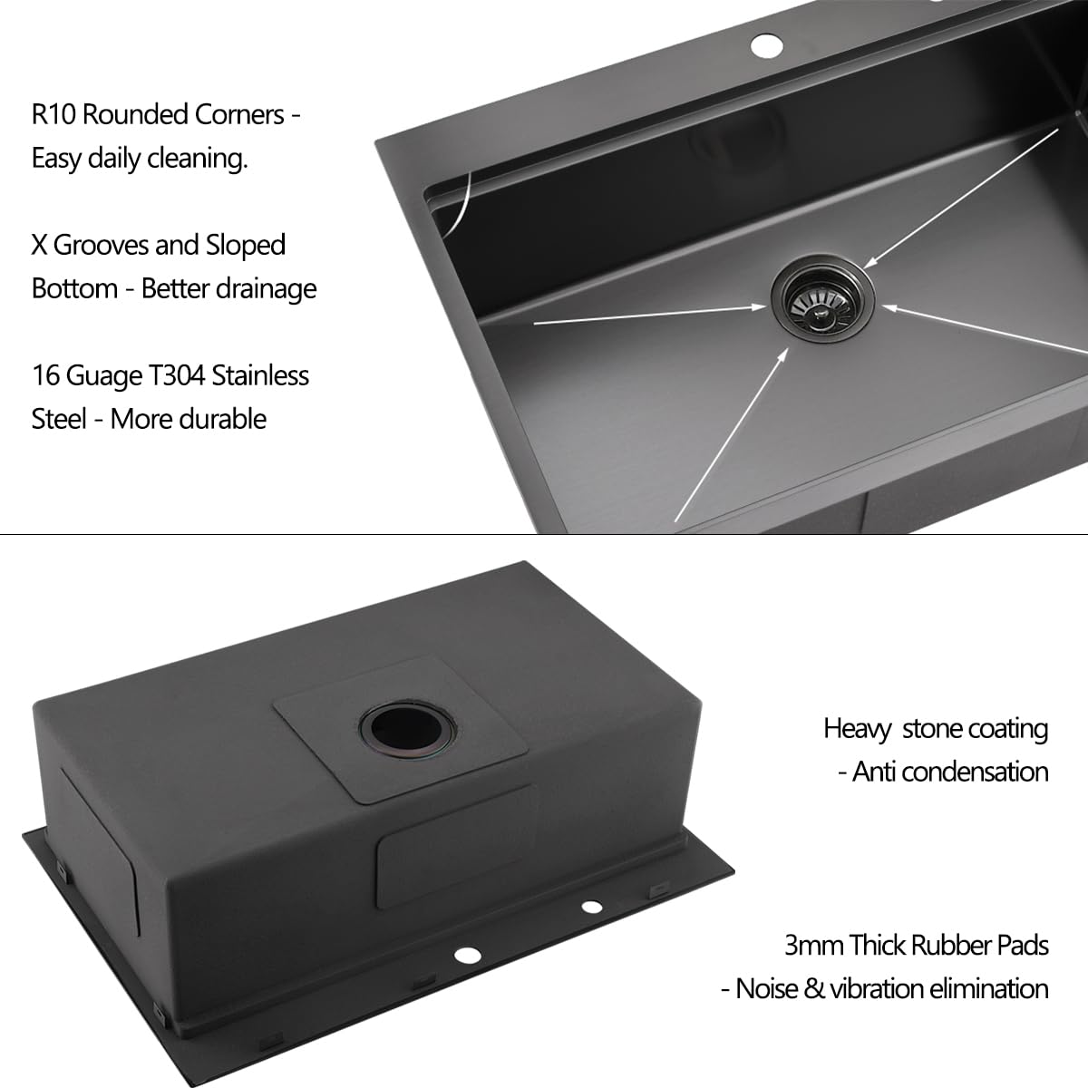 33 Drop In Black Workstation Kitchen Sink, Luckyhorse 33X22 16 Gauge Gunmetal Black Stainless Steel Sink Drop In Workstation Kit