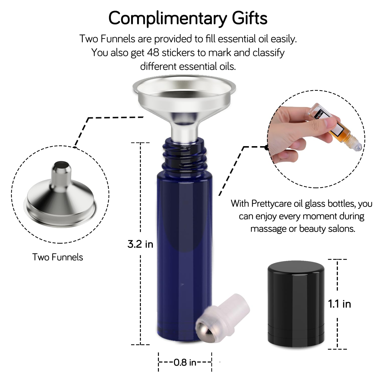 Prettycare Roller Bottles For Oils 10 Ml (Blue Glass, 6 Pack, 1 Extra Stainless Steel Balls, 12 Labels, 1 Opener, 1 Funnels Esse