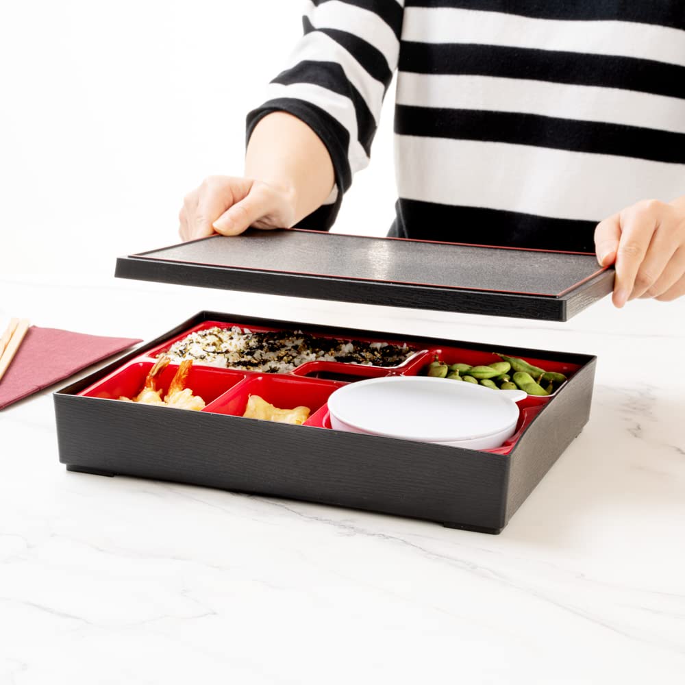 Restaurantware Bento Tek Rectangle Black & Red Large Japanese Style Bento Box - 6 Compartments, With Bowl - 12 1/4'' X 9 3/4'' X