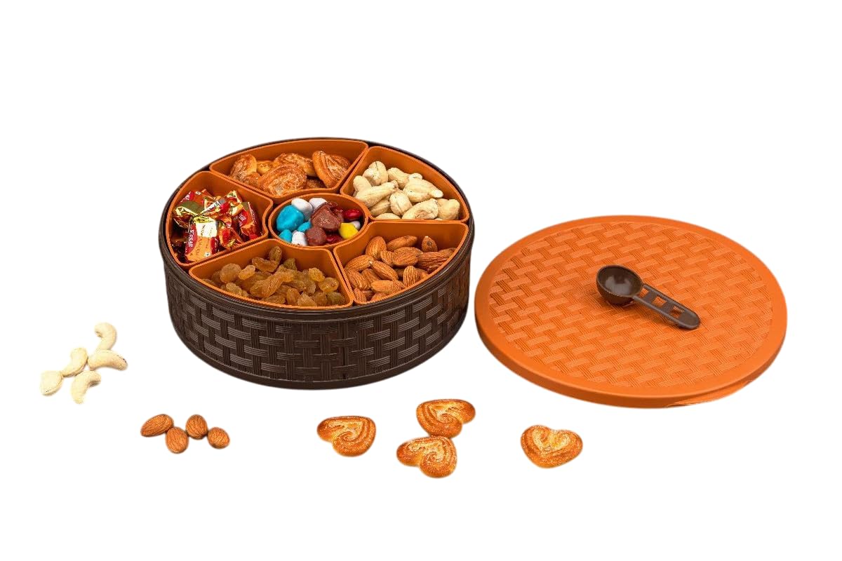 Royalcook Multipurpose Round Shape 7 Section Masala Box Dabba For Keeping Spices | Spice Box For Kitchen | Plastic Wooden Style 