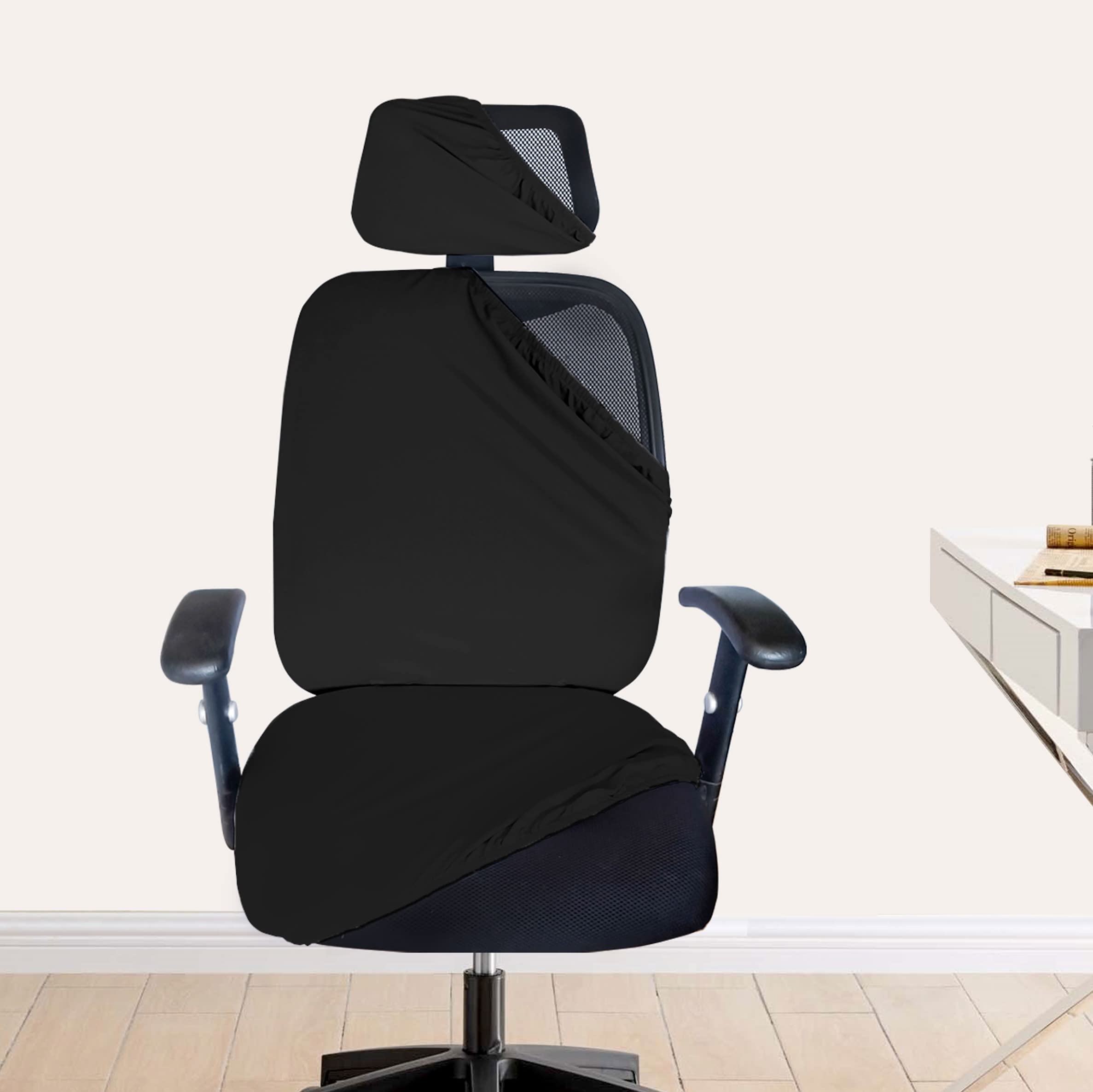 Hotkei 3 Piece Black Office Chair Cover With Headrest Cover 200Gsm Fabric Stretchable Stain Proof Office Computer Desk Executive