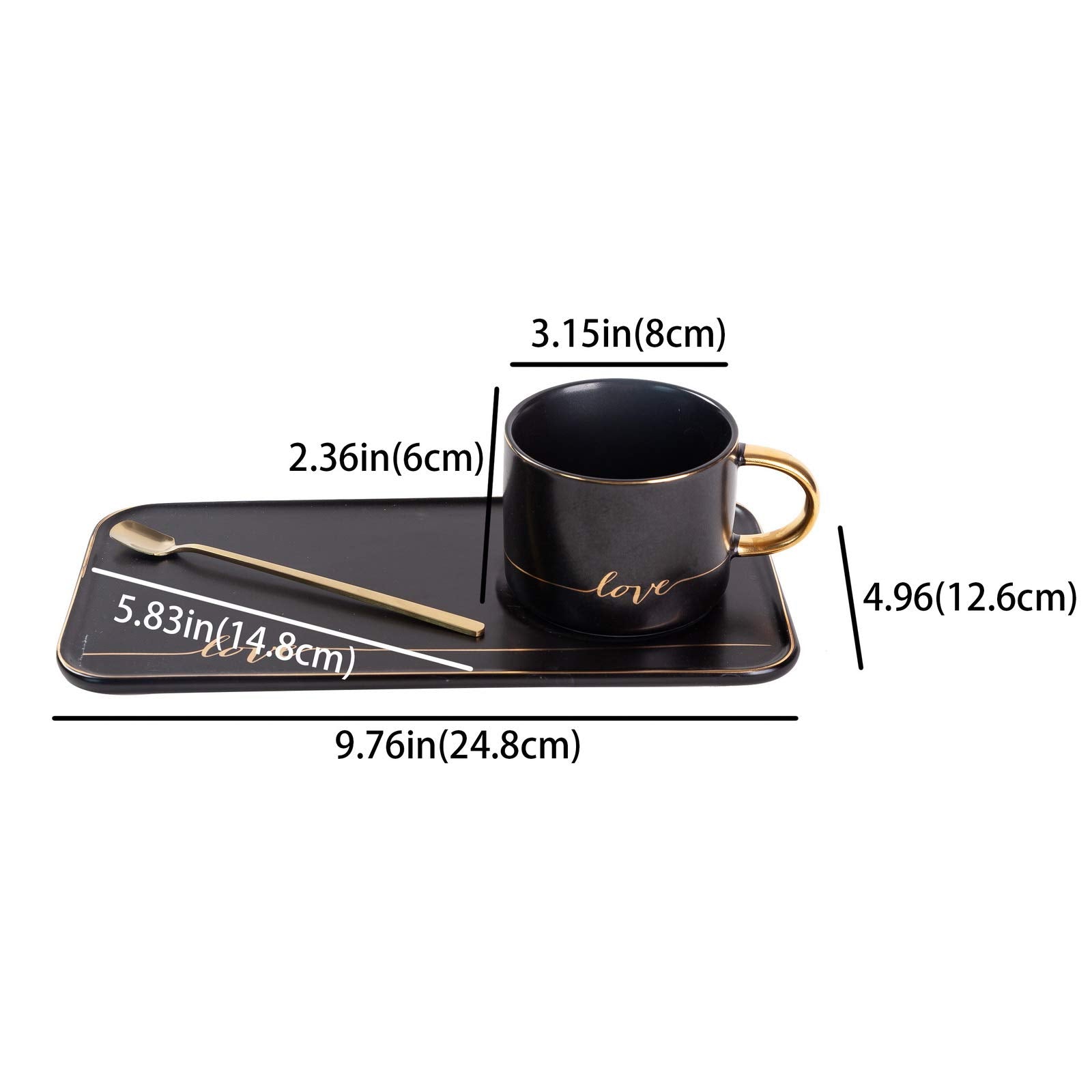 Tj Gobal Porcelain Coffee Mug, Tea Cup With Saucer And Golden Spoon With Gold Scripted Love And Trim For Coffee, Hot Chocolate,