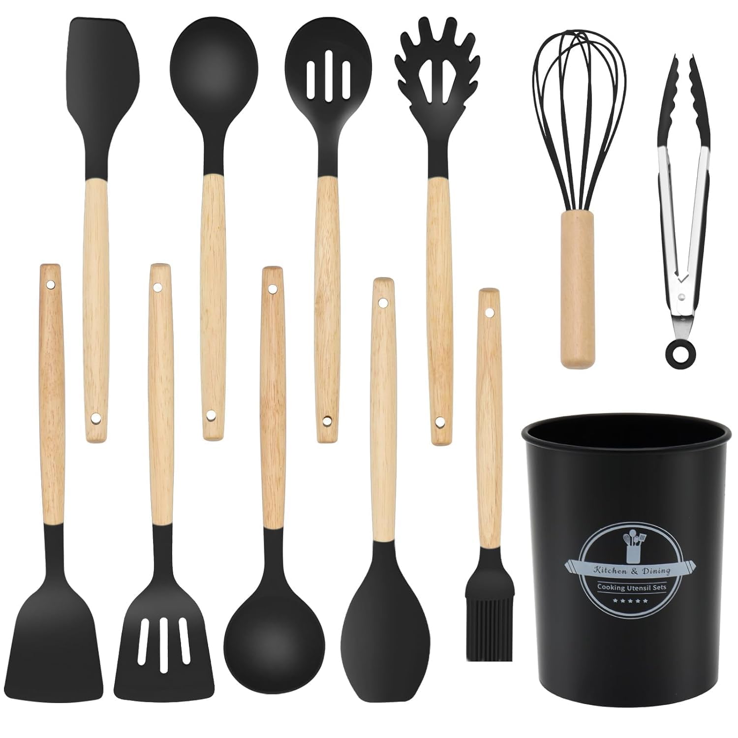 Twinkal Enterprises 12Piece Silicone Spatula Set With Holder, Heat Resistant NonStick Kitchen Utensils Set With Wooden Handles