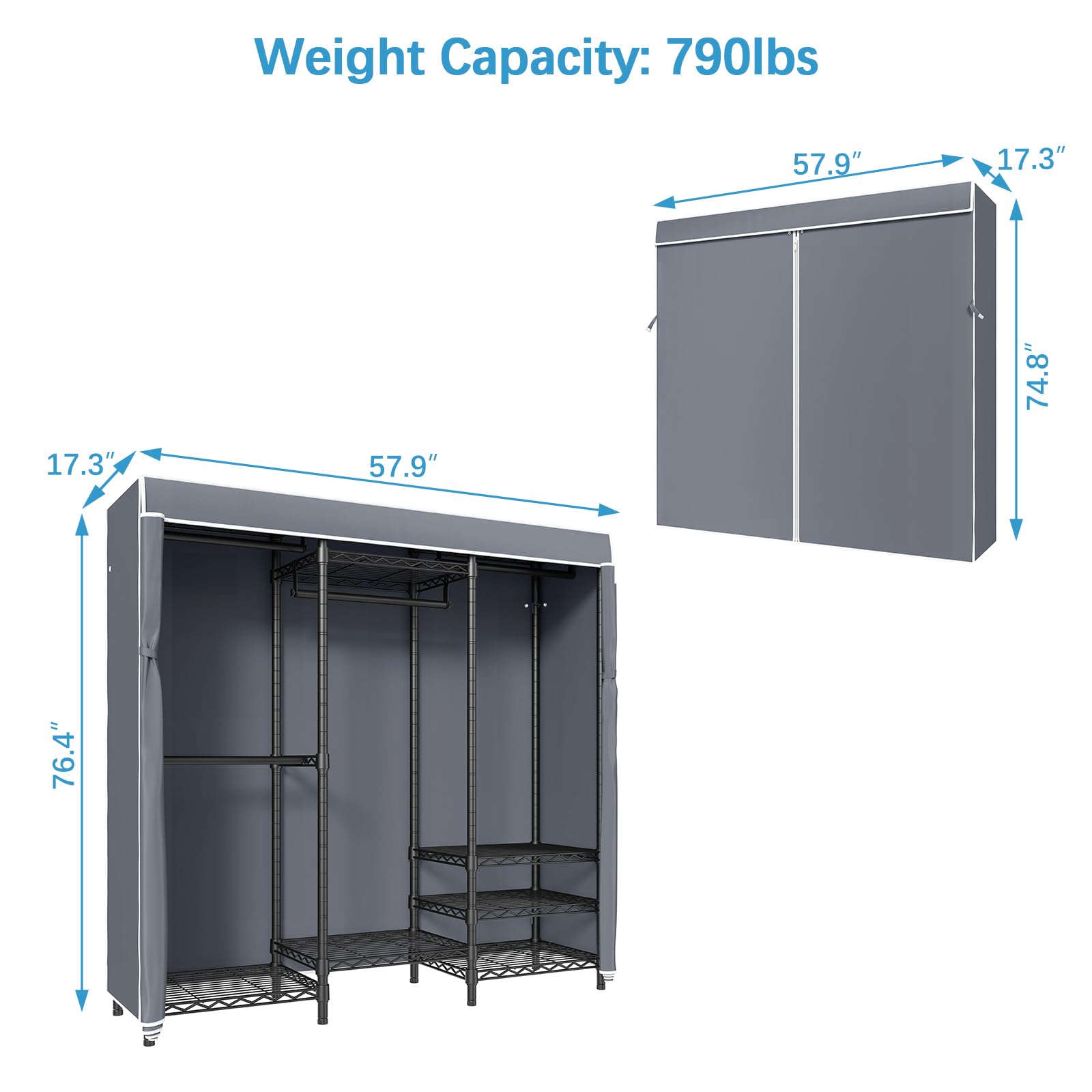 Vipek V5C Covered Clothes Rack Heavy Duty Portable Closet Wardrobe, Freestanding Black Metal Clothing Rack With Grey Oxford Fabr
