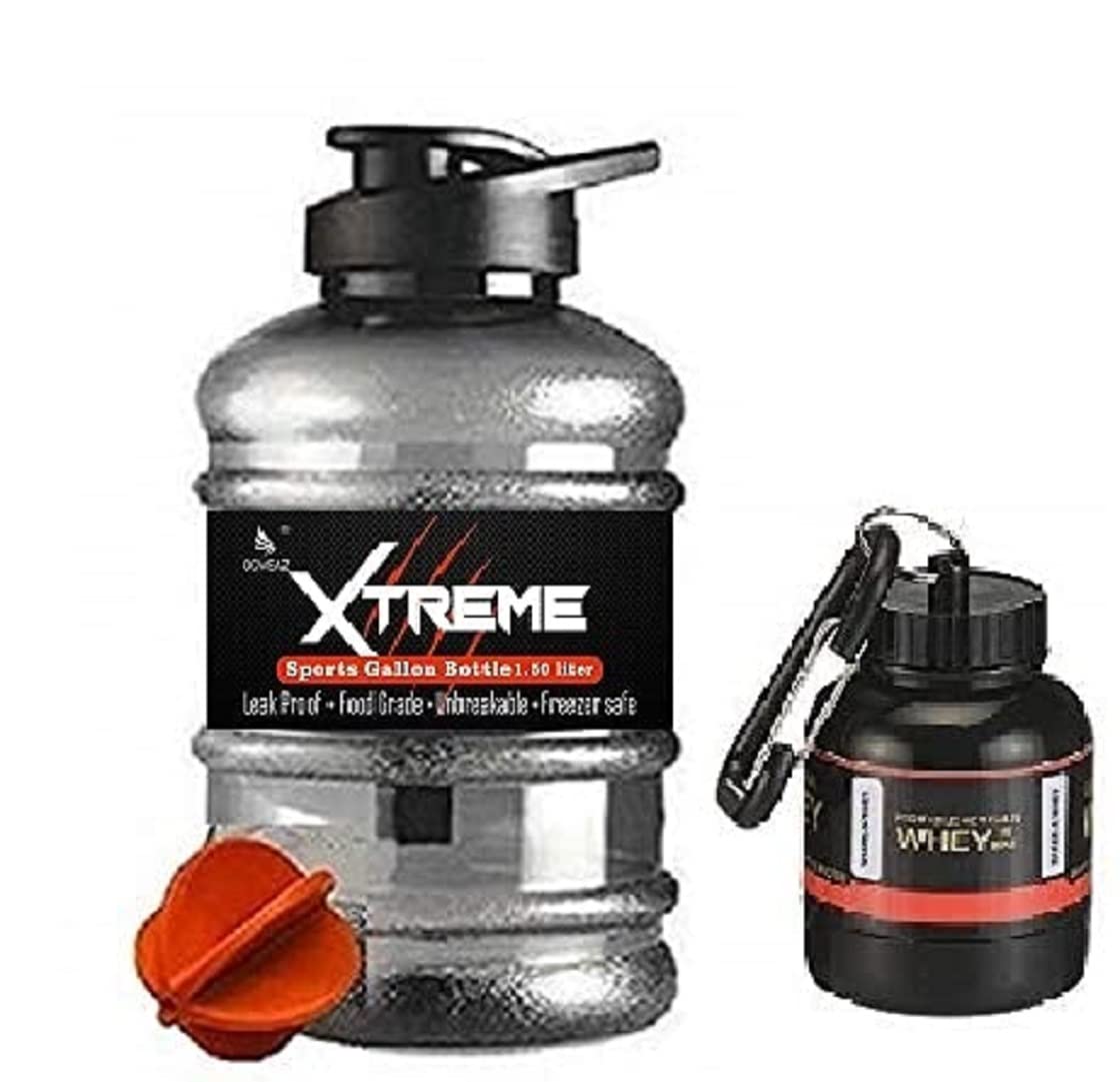 DOVEAZ Plastic Food Grade Gym Water Gallon Bottle With Protein Funnel & Container With Key-Chain For Men1500 Ml,Black