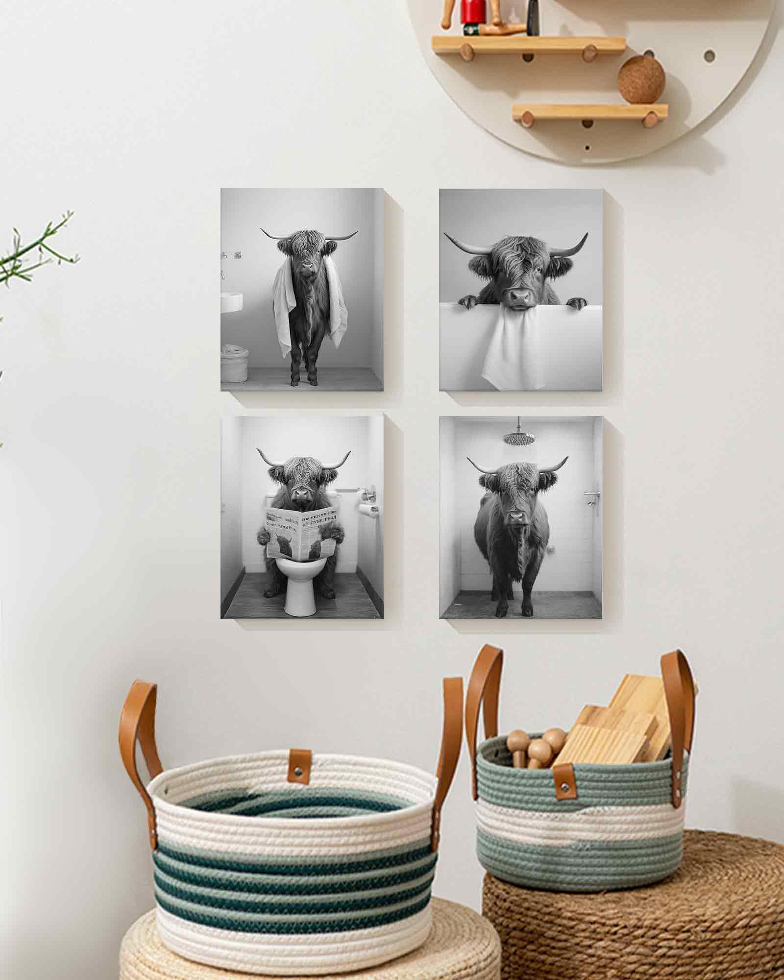 Funny Highland Cow Bathroom Wall Art Framed Black And White Rustic Cute Bathroom Canvas Prints For Bathroom Restroom Decor 8X10I