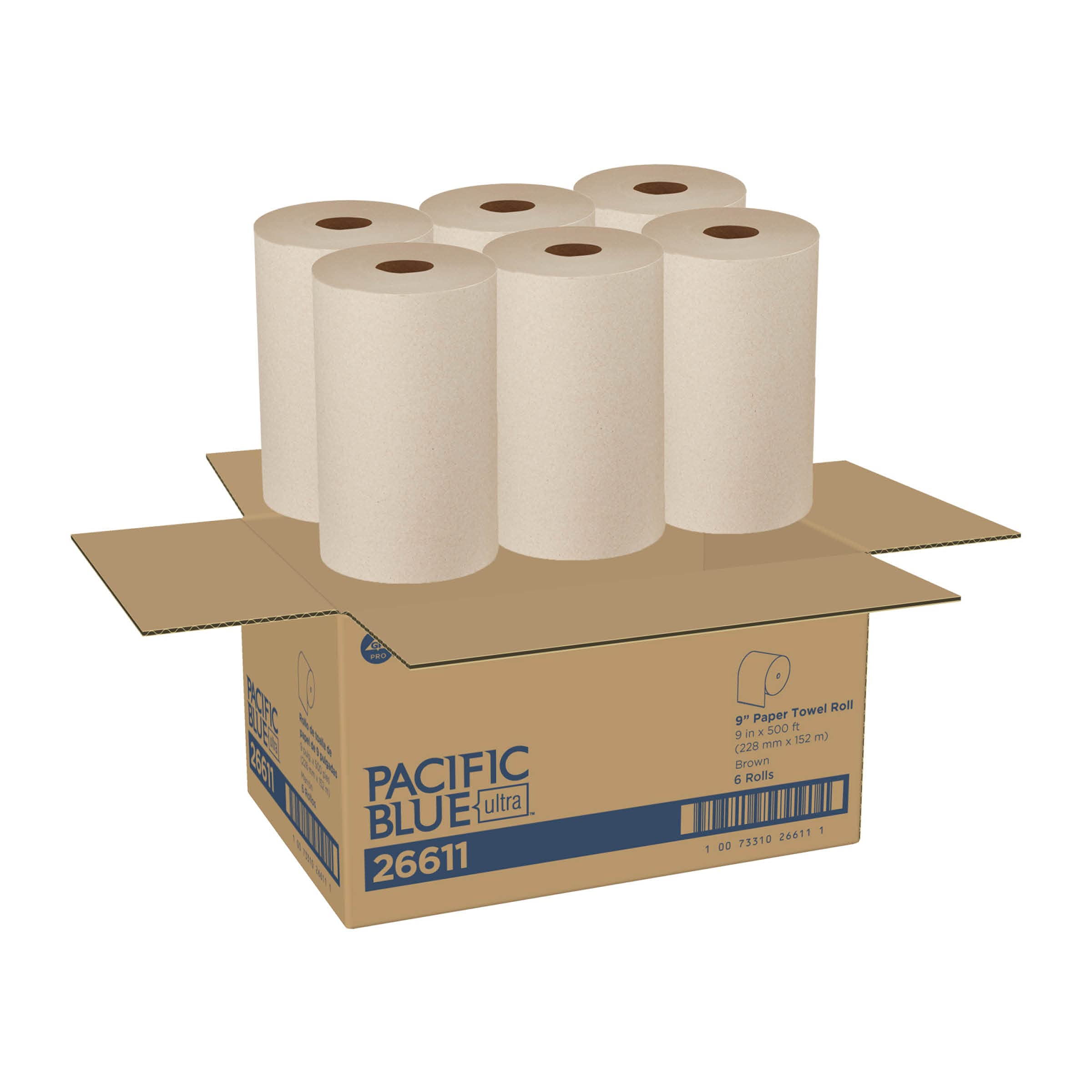 Pacific Blue Ultra 9  Paper Towel Roll By Gp Pro (Georgia-Pacific), Brown, 26611, 500 Feet Per Roll, 6 Rolls Per Case