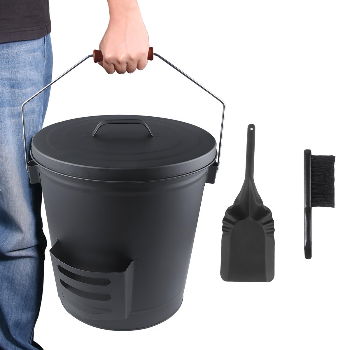 Ash Bucket With Lid And Shovel Hand Broom, 5.15 Gallon Large Galvanized Iron Metal Fireplace Tools Ash Pail For Fire Places Fire