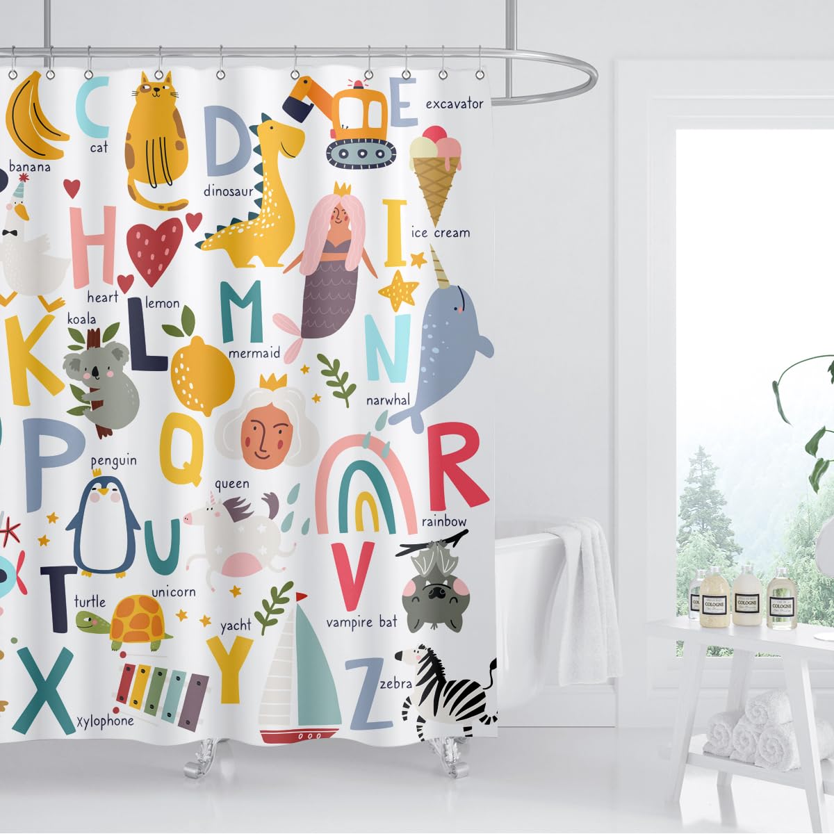 Zxmbf Alphabet Shower Curtain Kids Abc Educational Learning Tool Baby Cartoon Animals Girls Boys Colorful Bathroom Decor Waterpr
