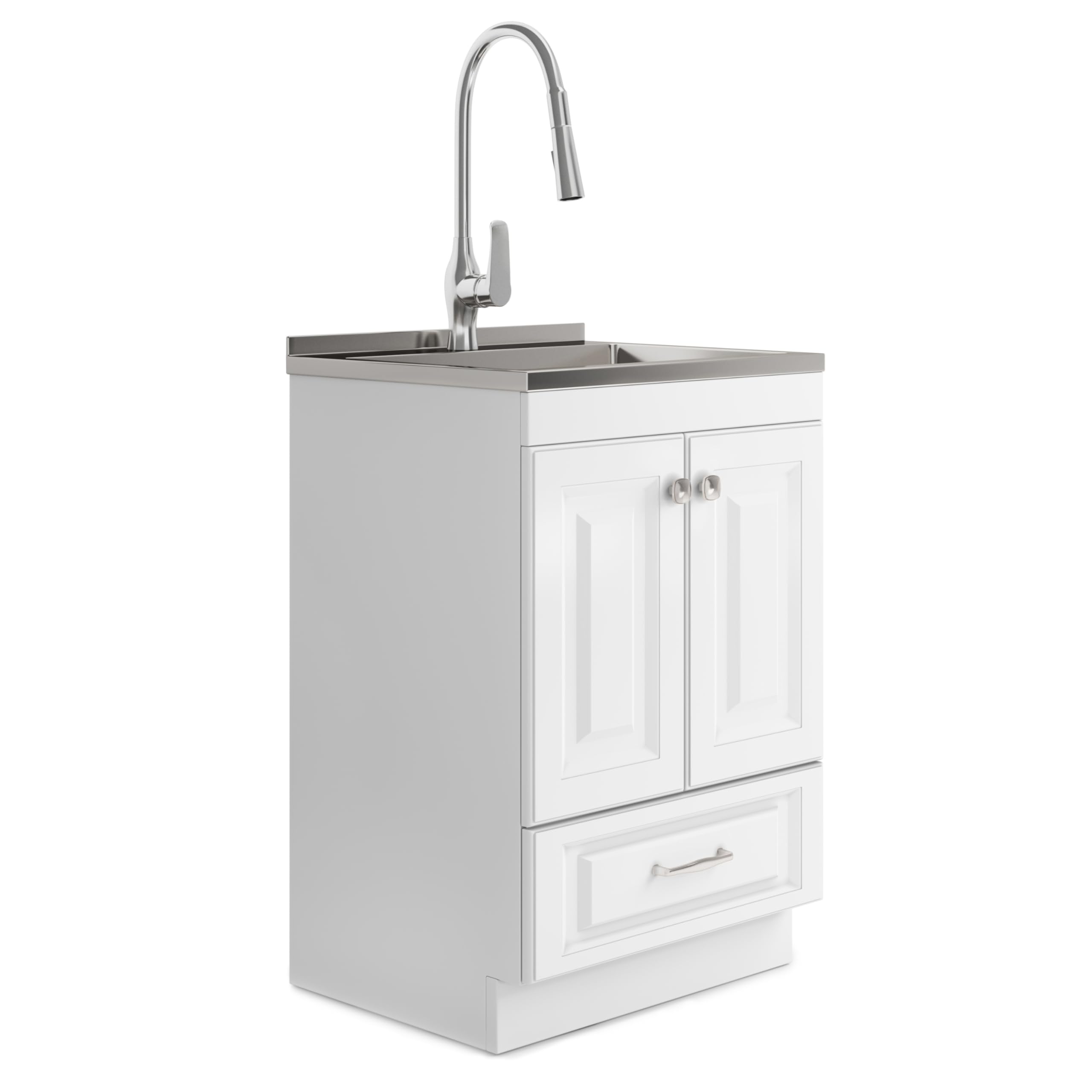 SIMPLIHOME Lawrence All-in-One 24 inch Wide Utility Sink and Laundry Cabinet in Pure White Finish, Transitional Stainless Steel 