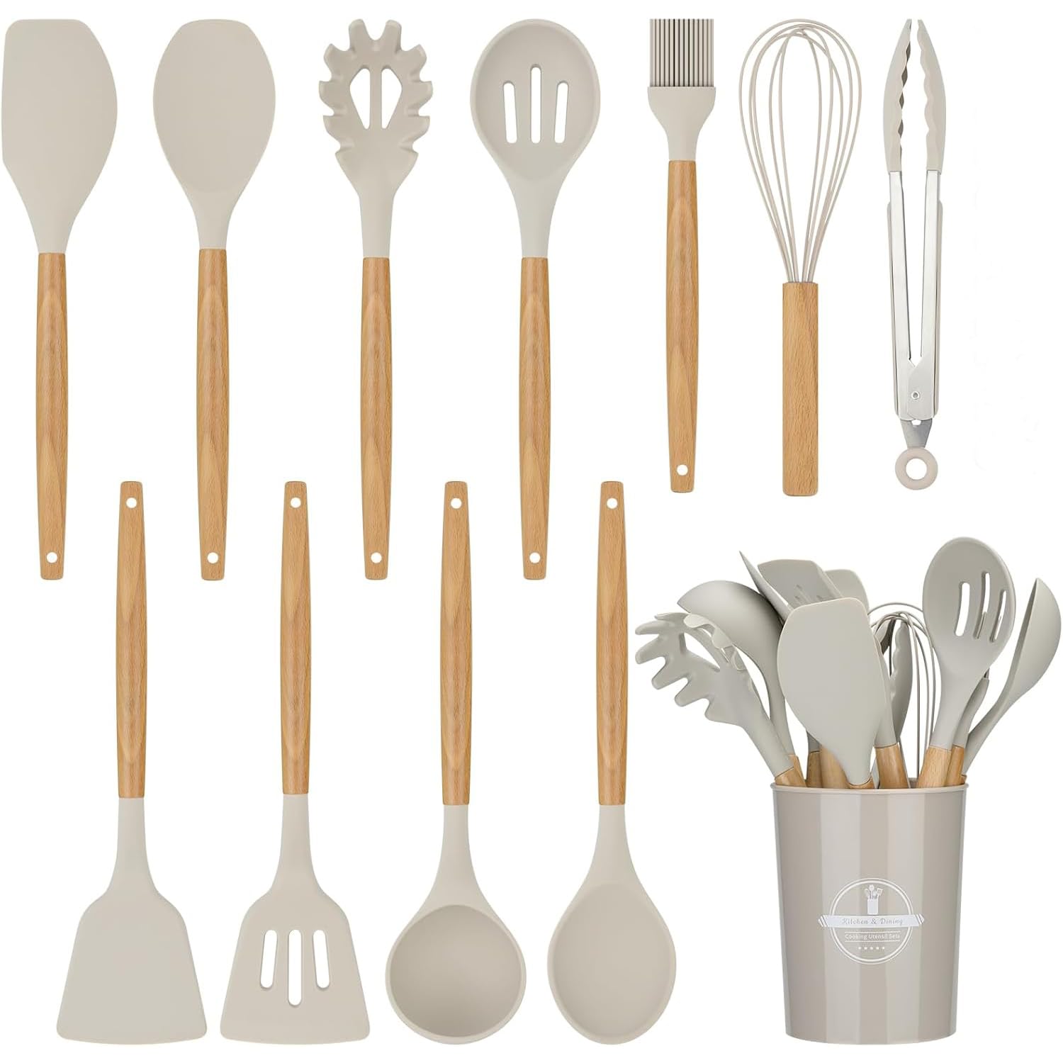 Fiousy Kitchen Utensil Set, 12 Pcs Silicone Cooking Utensils Set With Wooden Handle, Heat Resistant, Nonstick Cookware Tongs Spa