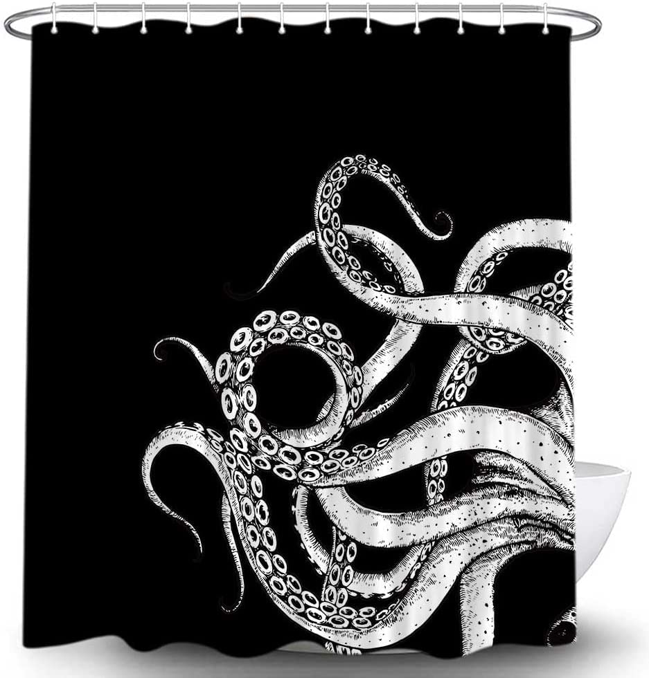 Octopus Decor Shower Curtain For Bathroom, Funny Black And White Sea Monster Kraken Animal Goth Fabric Shower Curtains Set, Uniq