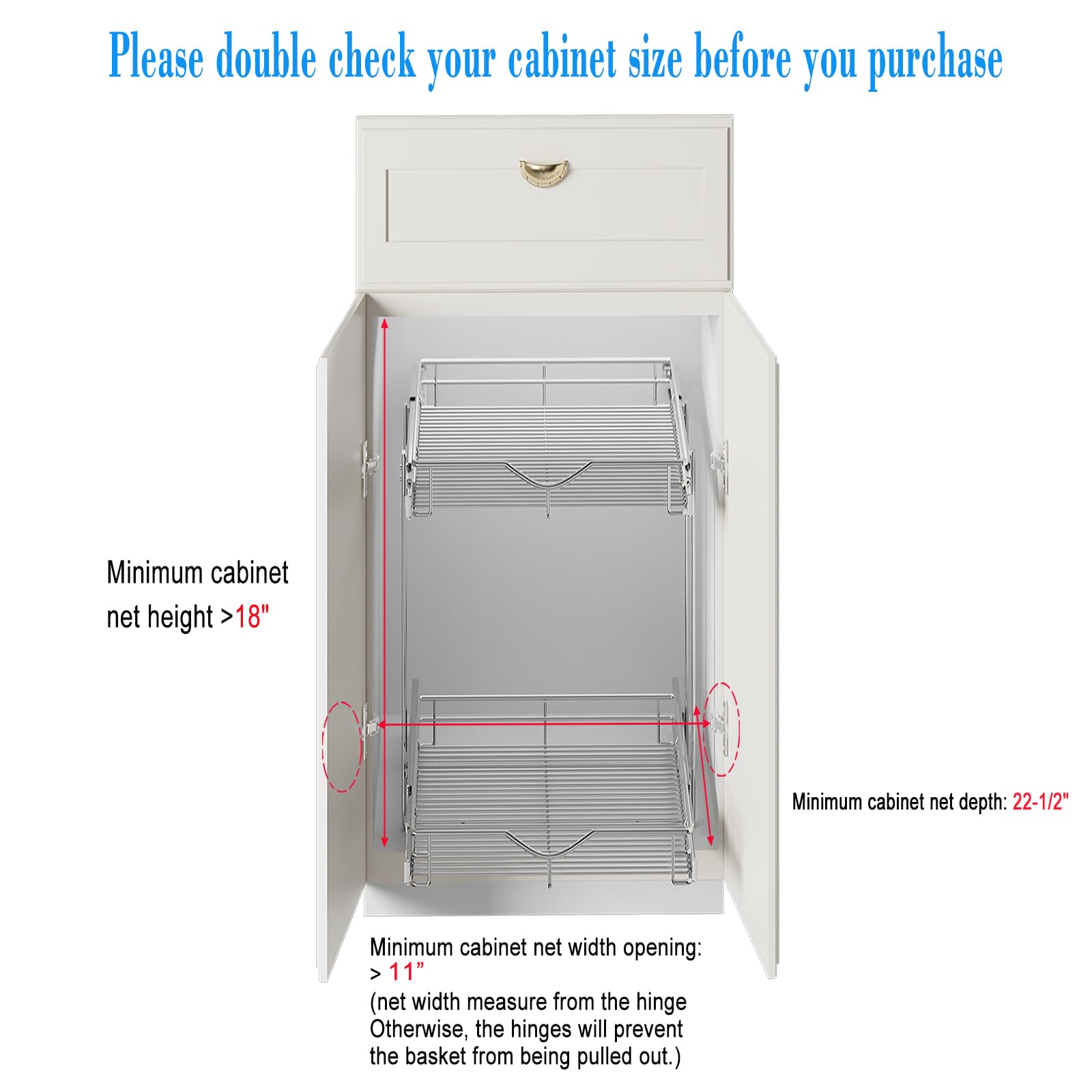 Dindon 2 Tier Pull Out Cabinet Organizer (11'' W X 21'' D), Double Tier Wire Basket Slide Out Shelf Storage For Kitchen Base Cab