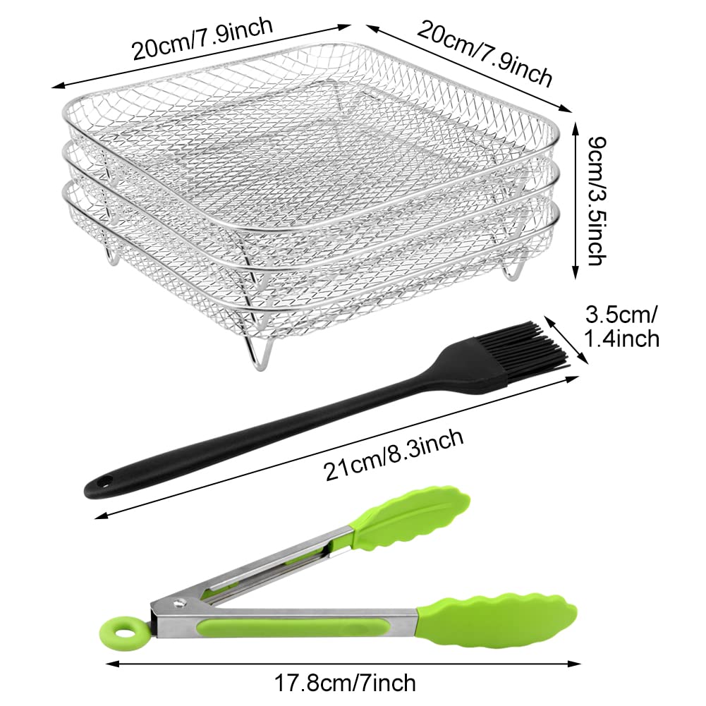 8'' Air Fryer Rack For Air Fryer, Stainless Steel Three-Layer Air Flow Rack With Rus-Tproof Oil Brush Food Clip,Air Fryer Access