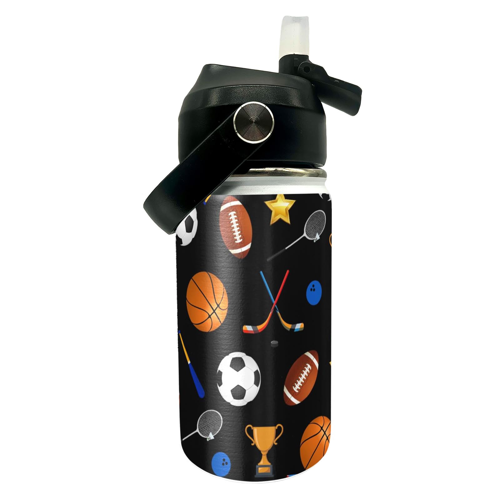 Sports Ball Kids Water Bottle with Straw, 12 oz Stainless Steel Insulated, BPA Free, LeakProof, Kids Water Bottle for School Bo