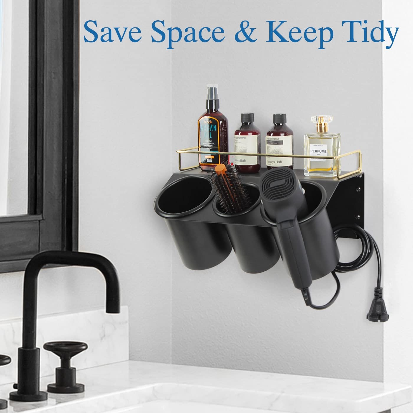 J Jackcube Design Hair Dryer Holder Wall Mount Bathroom Vanity Hair Styling Care Tool Accessories 3 Cups Storage Organizer Caddy