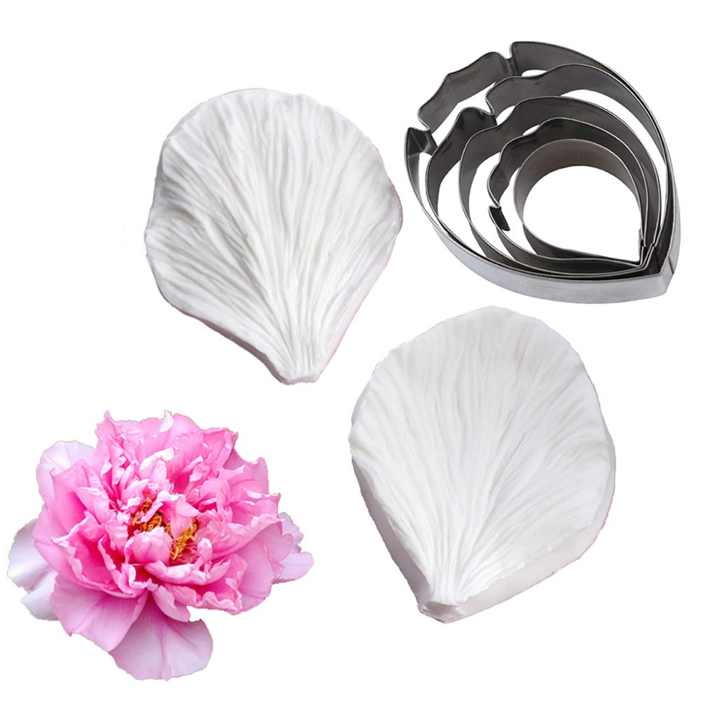 Kalaien 5Pcs Stainless Steel Peony Cutter 2Pcs Fondant Silicone Mold Gumpaste Peony Sugarcraft Flower Veining Mold Veiner Petal