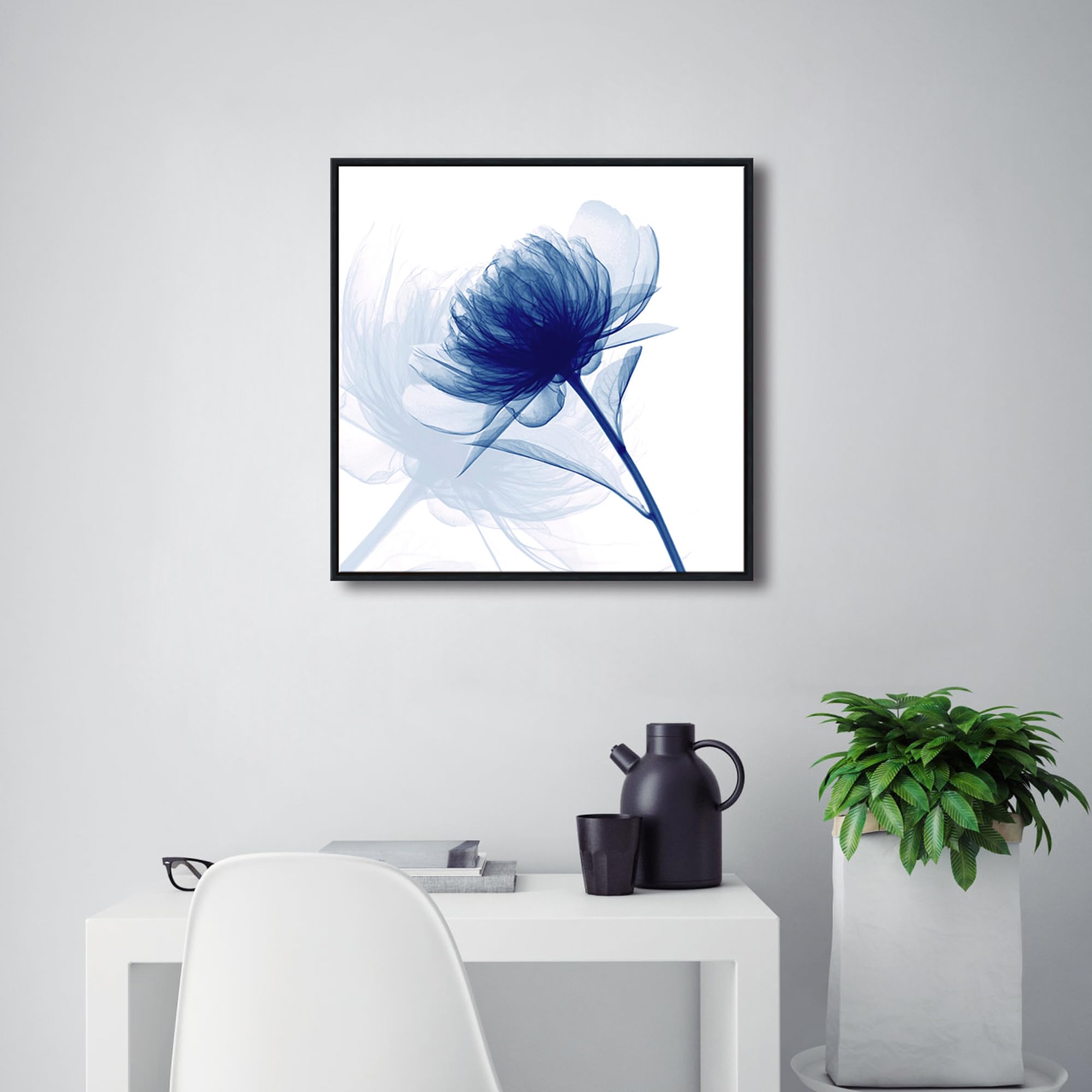 Pyradecor Large Black Framed Blue Flickering Flower Modern Paintings Canvas Wall Art Grace Floral Pictures On Canvas Prints One
