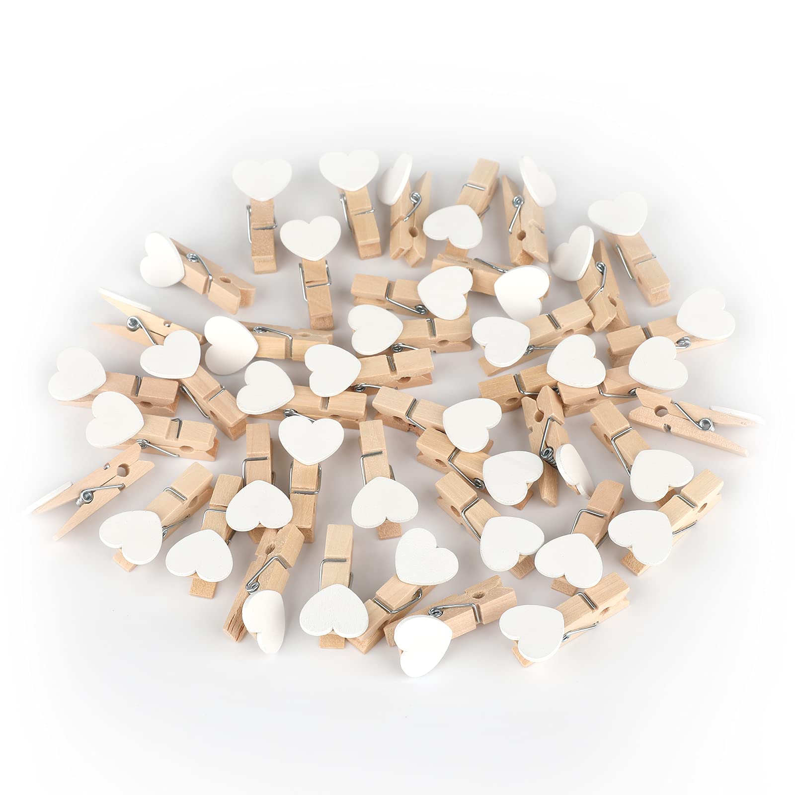 Jijacraft 100Pcs Clothespins With String, 1.4 Inch Heavy-Duty Wooden Clothes Pins With White Heart, Mini Photo Clips For Hanging