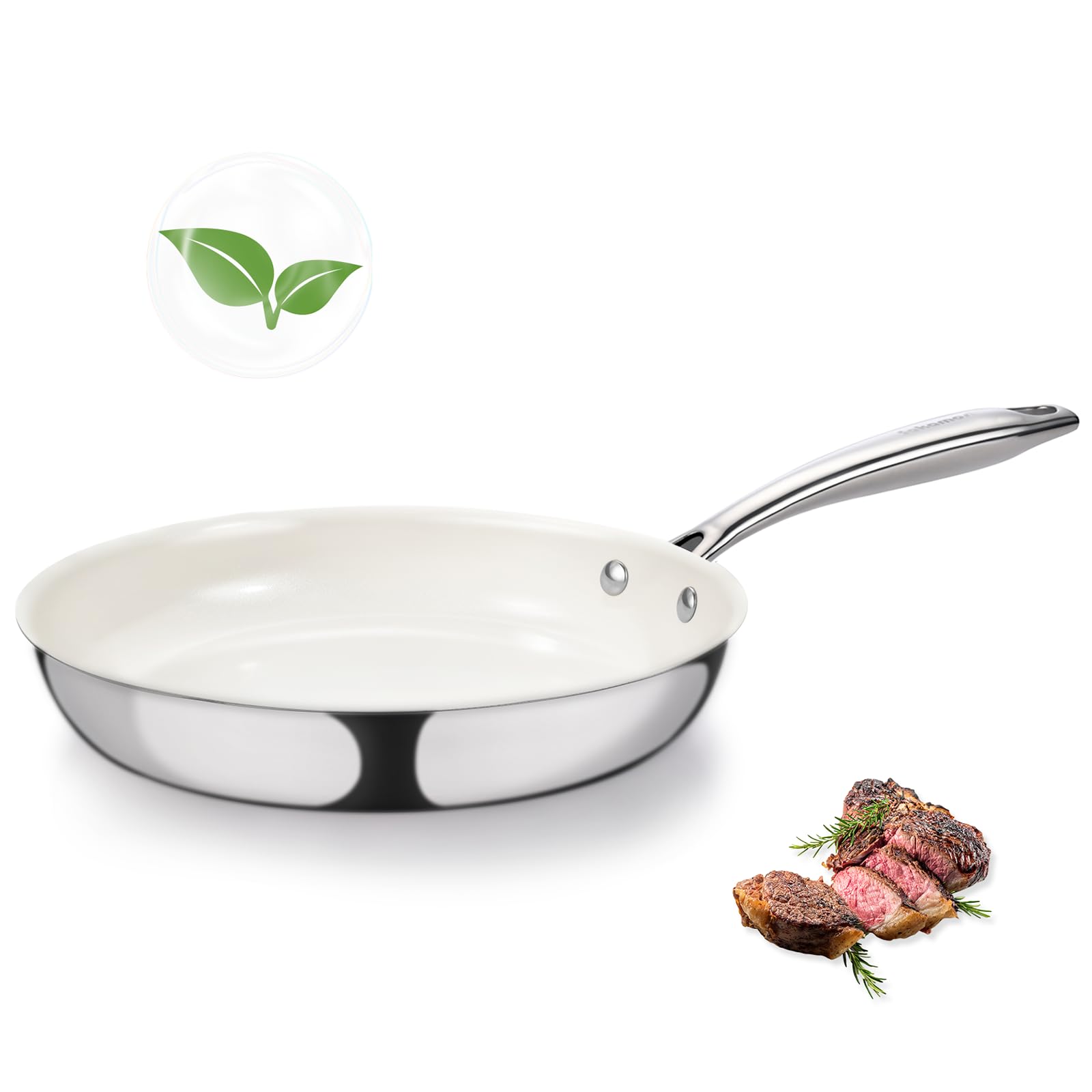 SAKAMOSH 8 Nonstick Ceramic Frying Pan, TriPly Stainless Steel, White