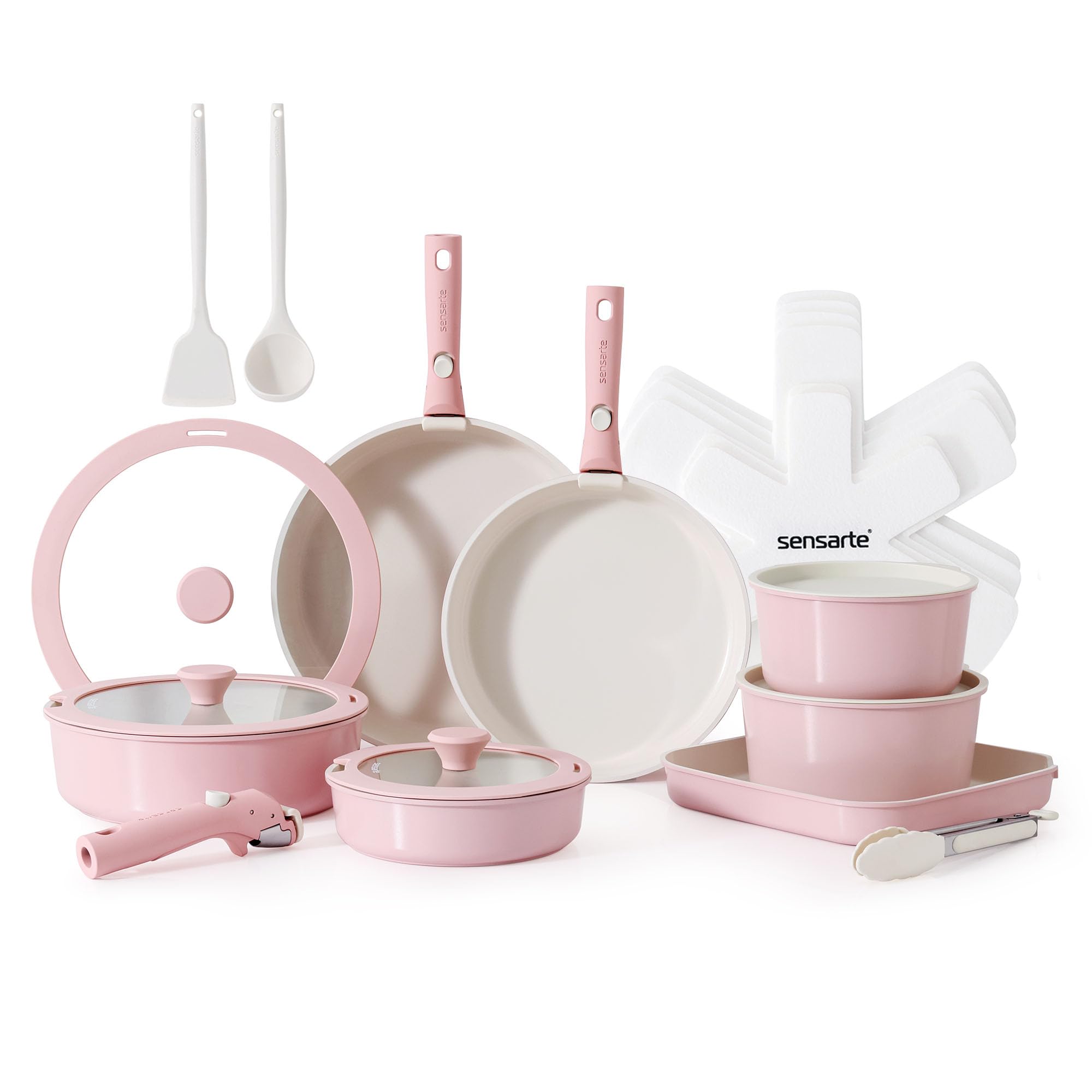 SENSARTE 24 Piece Ceramic Detachable Handle Pots and Pans Set Pink