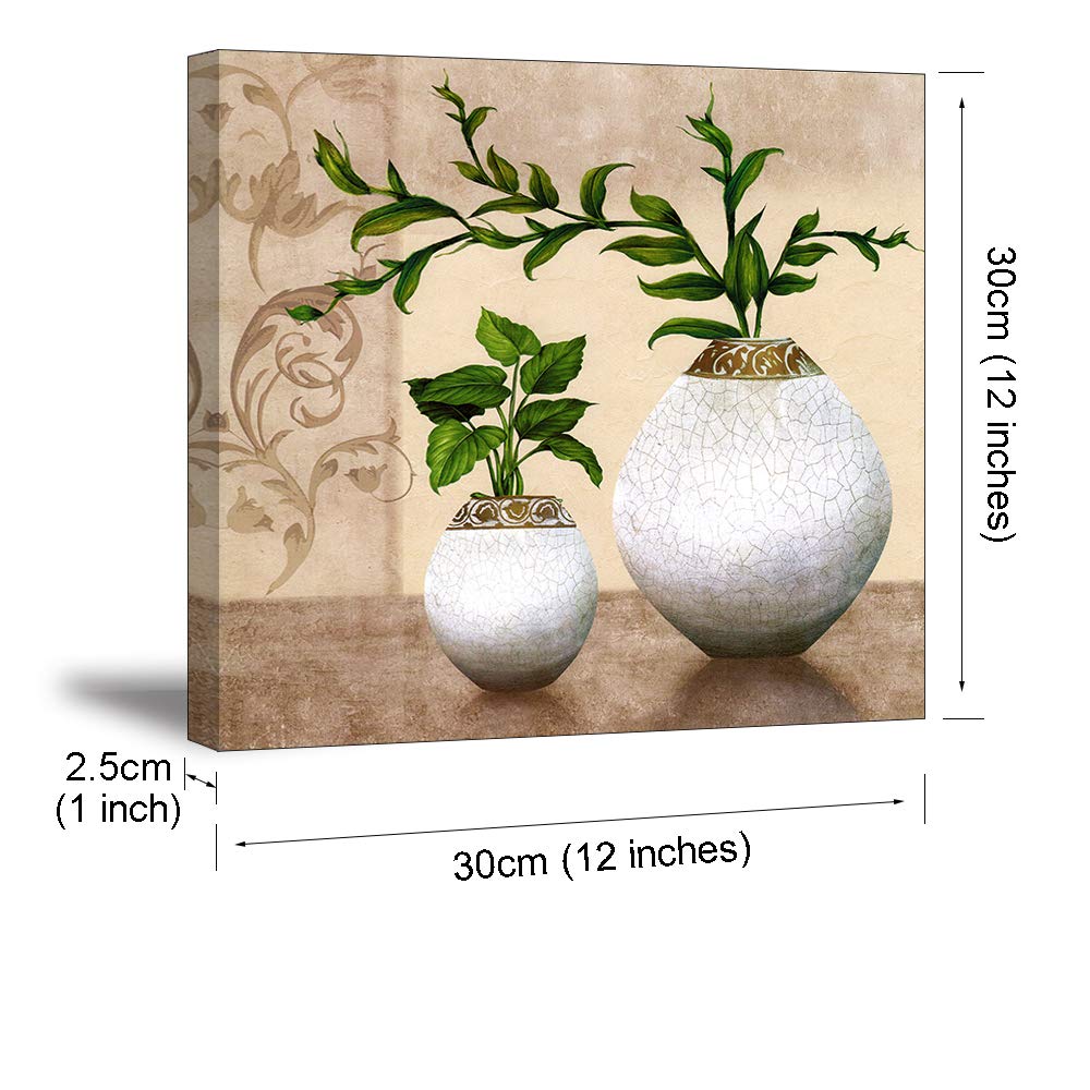 3 Piece Wall Art For Bathroom/Hallway, Sz Hd Elegant Canvas Painting Prints Of Green Spring Plants In Vases On Beige/Tan Picture
