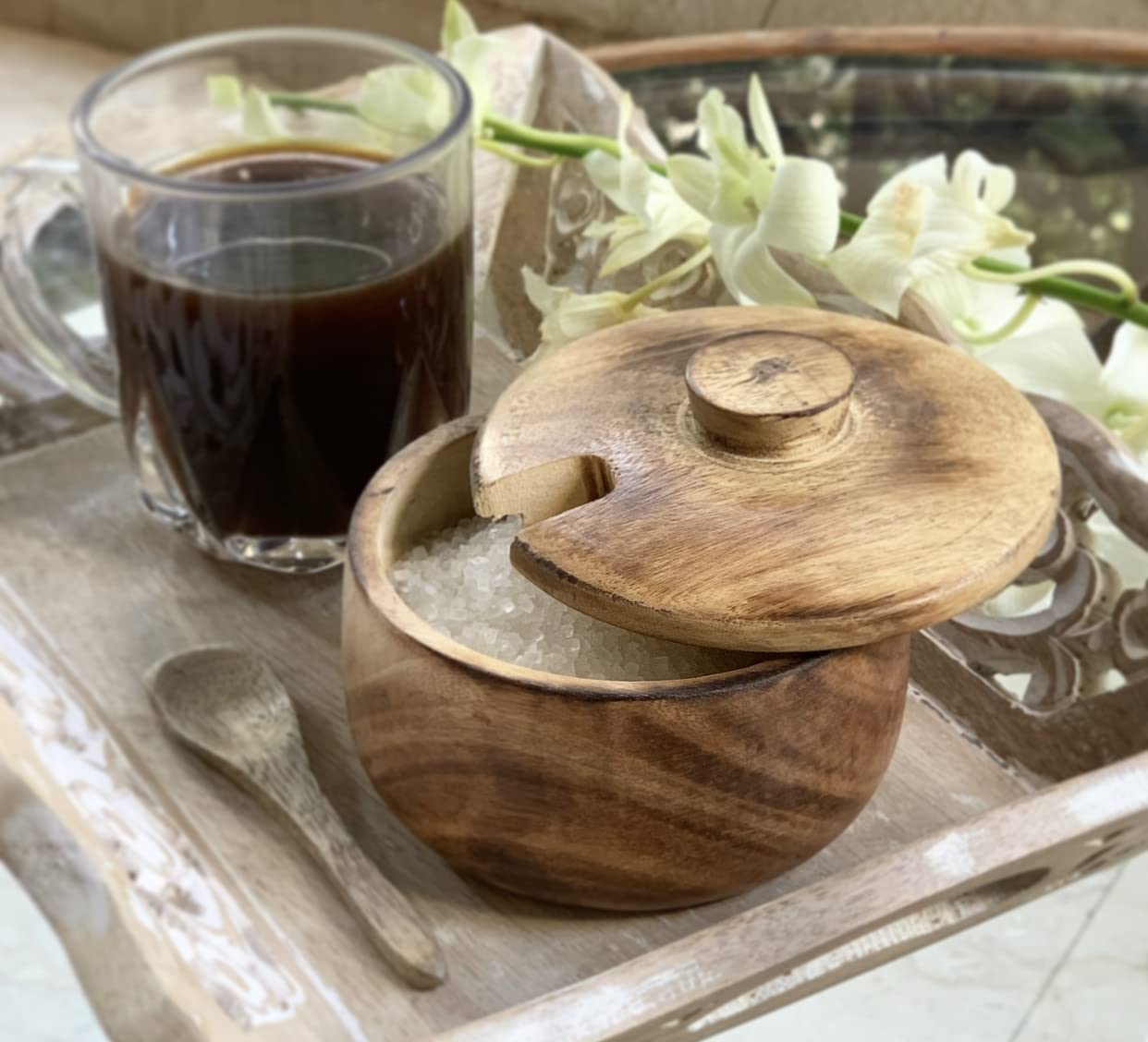 Decorative Rustic Wooden Sugar Bowl & Spoon With Lid Wide Mouth Candy Treat Jar Spice Jar Holder Condiment Nuts Serving Bowl Pot