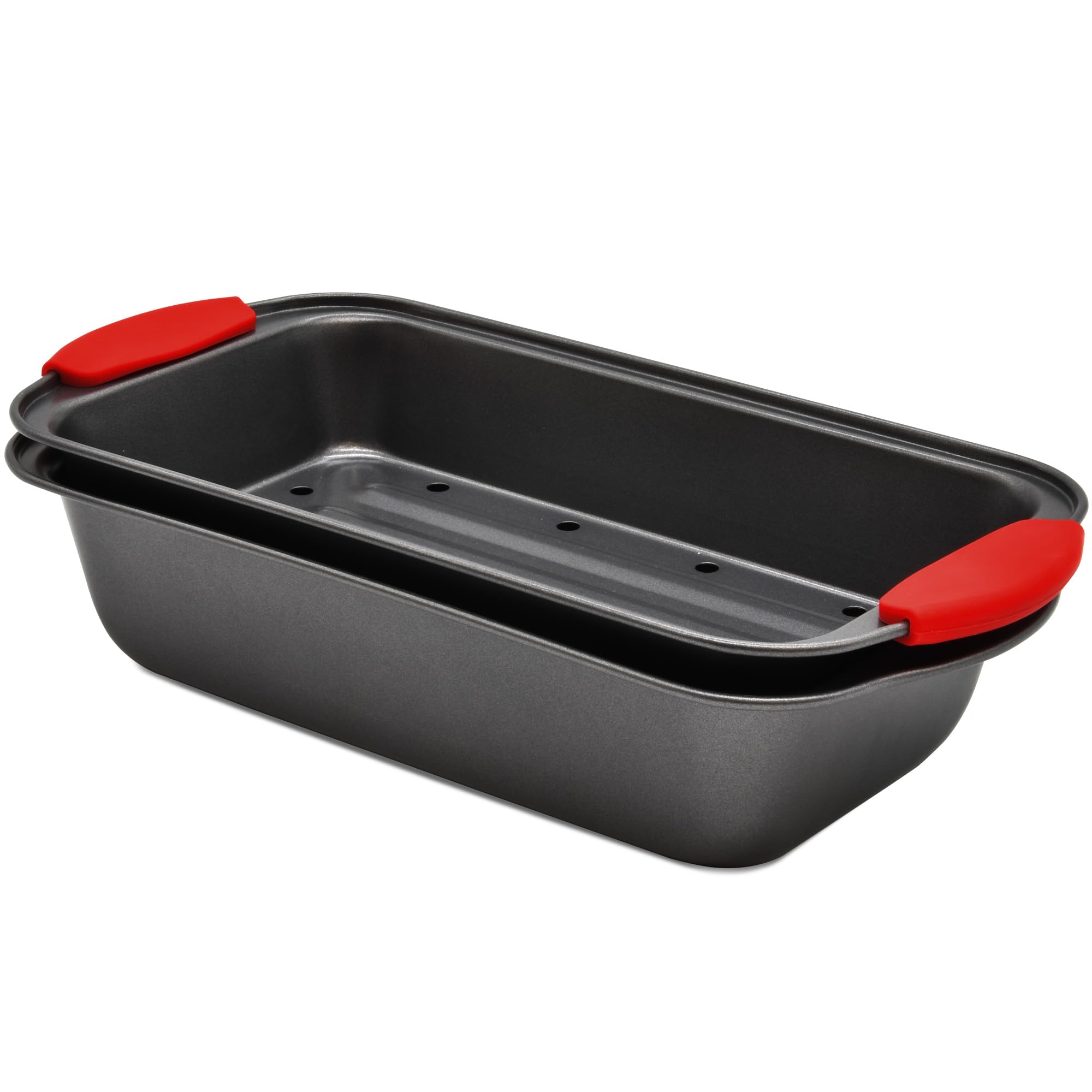 PERLLI Nonstick Meatloaf Pan with Drip Tray Insert  HighCarbon Steel Bakeware with Silicone Grips  Ideal for Baking Bread, Ca