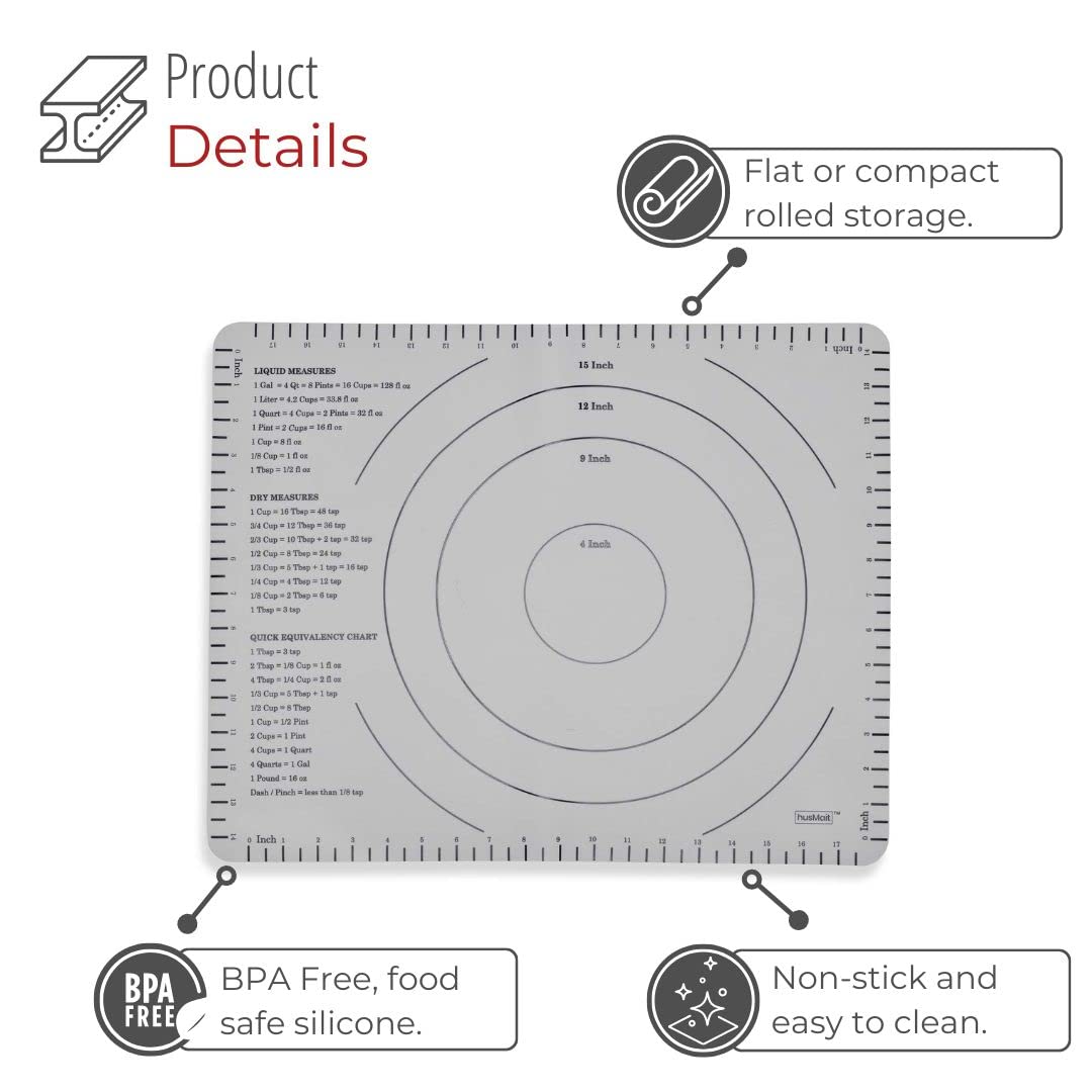 Husmait Silicone Rolling Mat - Premium Kitchen Pastry Mat For Rolling And Baking Prep - Great For Making Dough, Pastries, Pizza