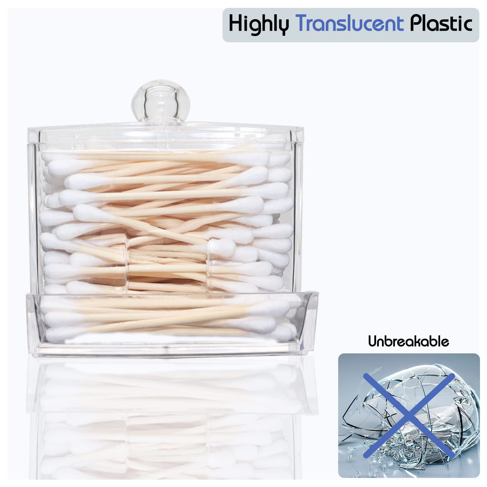 Qihomy Square Cotton Swab Storage Container - Transparent Apothecary Jars With Lids Unbreakable Cotton Ball Qtip Holder With 2 T
