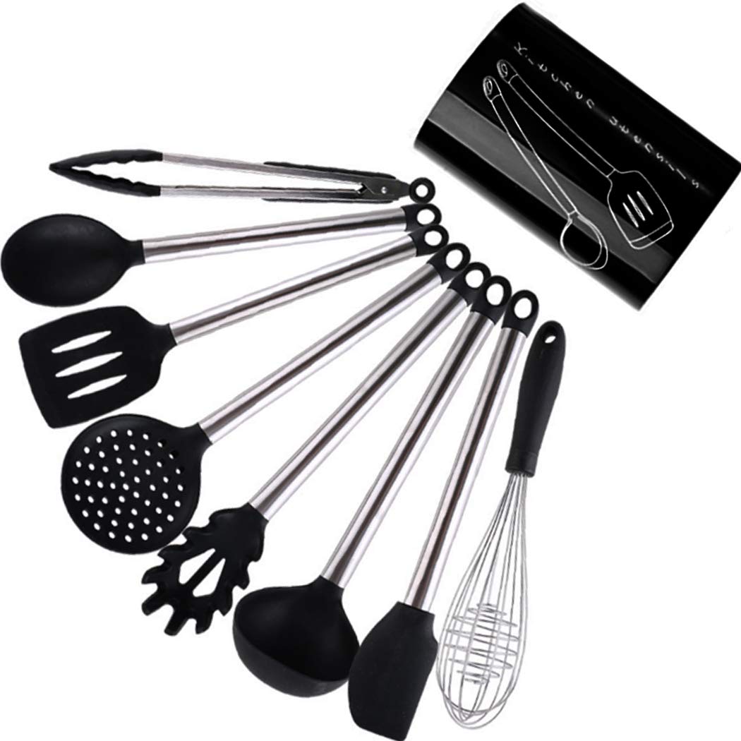 Hoshen 9-Piece Silicone Cookware Set Kitchen Utensils, Non-Stick Heat-Resistant Silicone, Stainless Steel Handle - Black