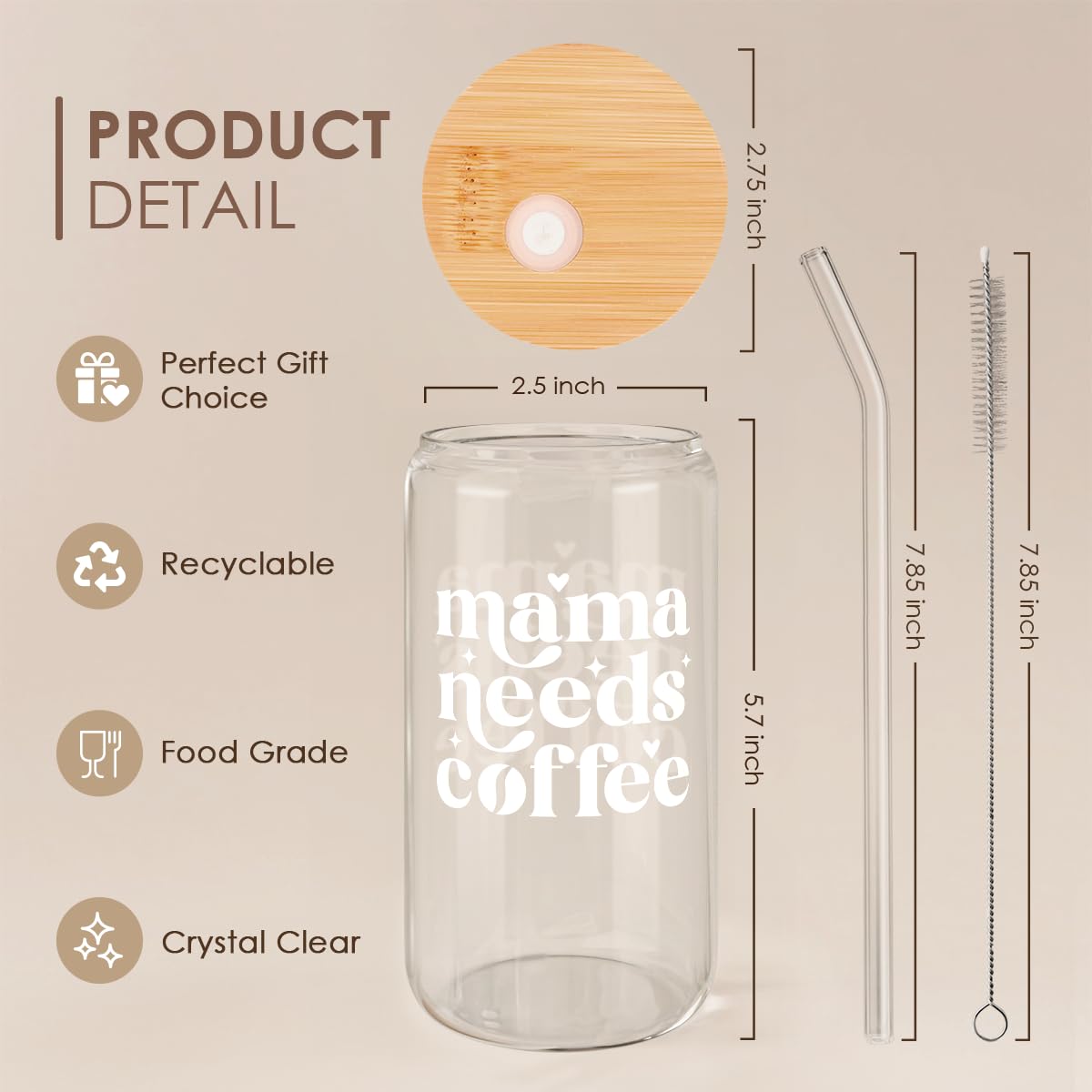 SANDJEST Mom Glass Can, Mama Needs Coffee Cup with Lid & Straw, Iced Coffee Aesthetic Cups, Idea Gifts for Christmas Birthday Mo