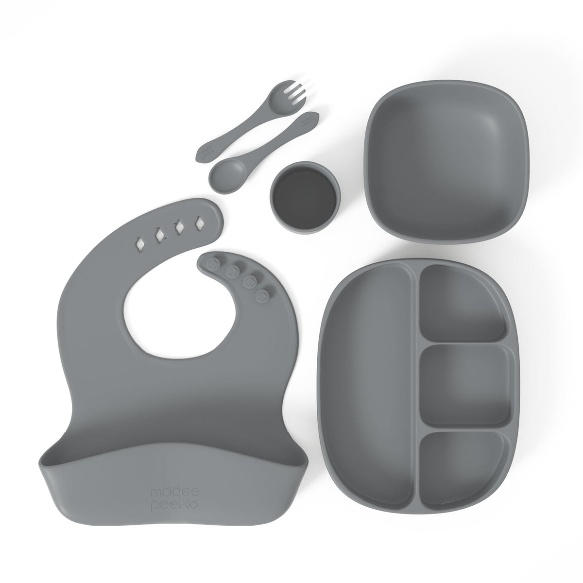 Muqee Peeko Baby Feeding Set, 6 Piece - Pebble Gray - Includes Suction Bowl, Plate, Silicone Bib, Spoon, Fork for Toddlers & Kid
