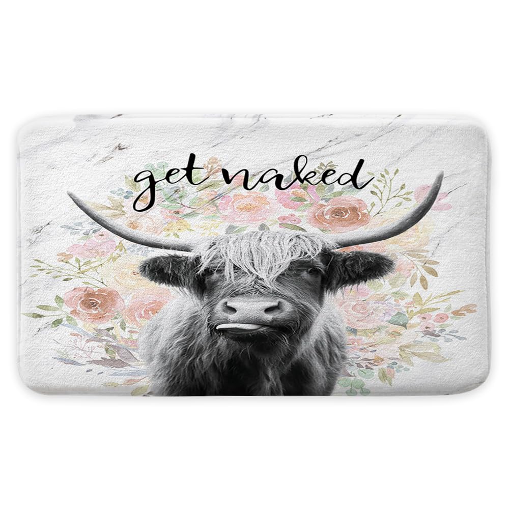 Jawo Get Naked Bath Mat For Bathroom, Farmhouse Highland Cow Bull Non-Slip Bathroom Rug, Farmhouse Bath Mat, Bathroom Accessorie