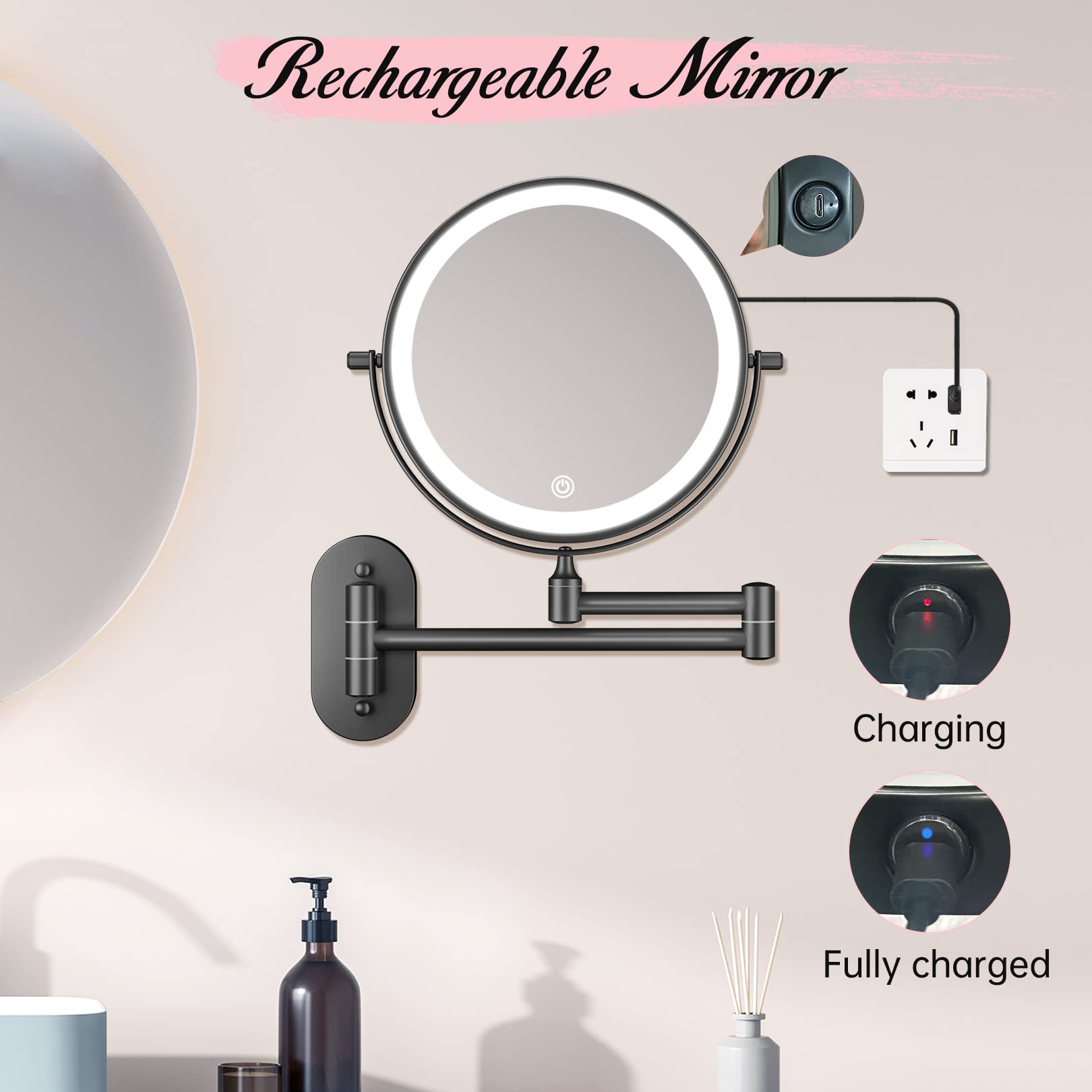 Fascinate Rechargeable Wall Mounted Lighted Vanity Mirror 8 Inch 1X/10X Magnifying Makeup Mirror With 3 Color Lights, Double Sid