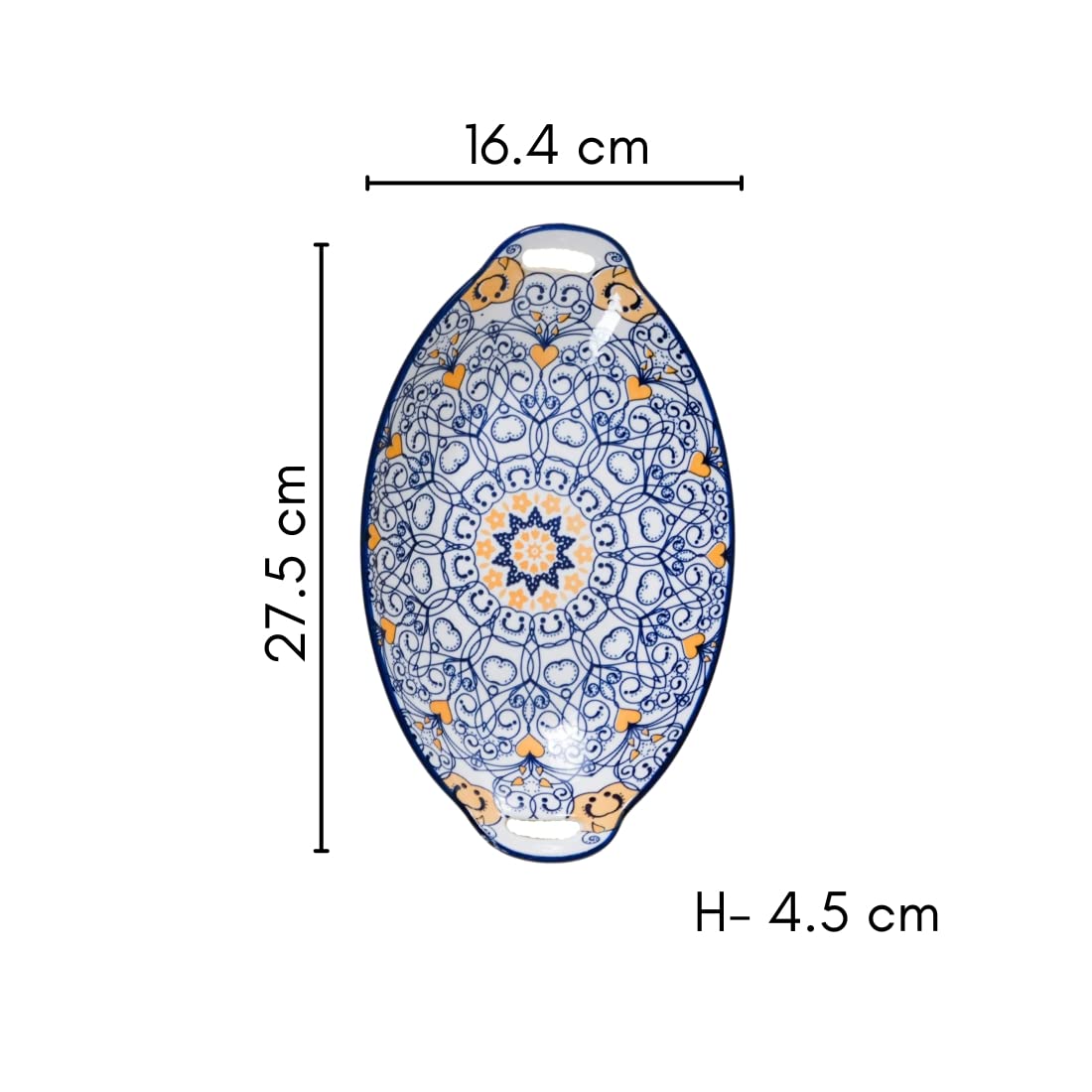 Nestasia Dark Blue Mandala Ceramic Long Dish with Handles for Serving Snacks, Appetizers, Salads, and Noodles| Microwave Safe, D