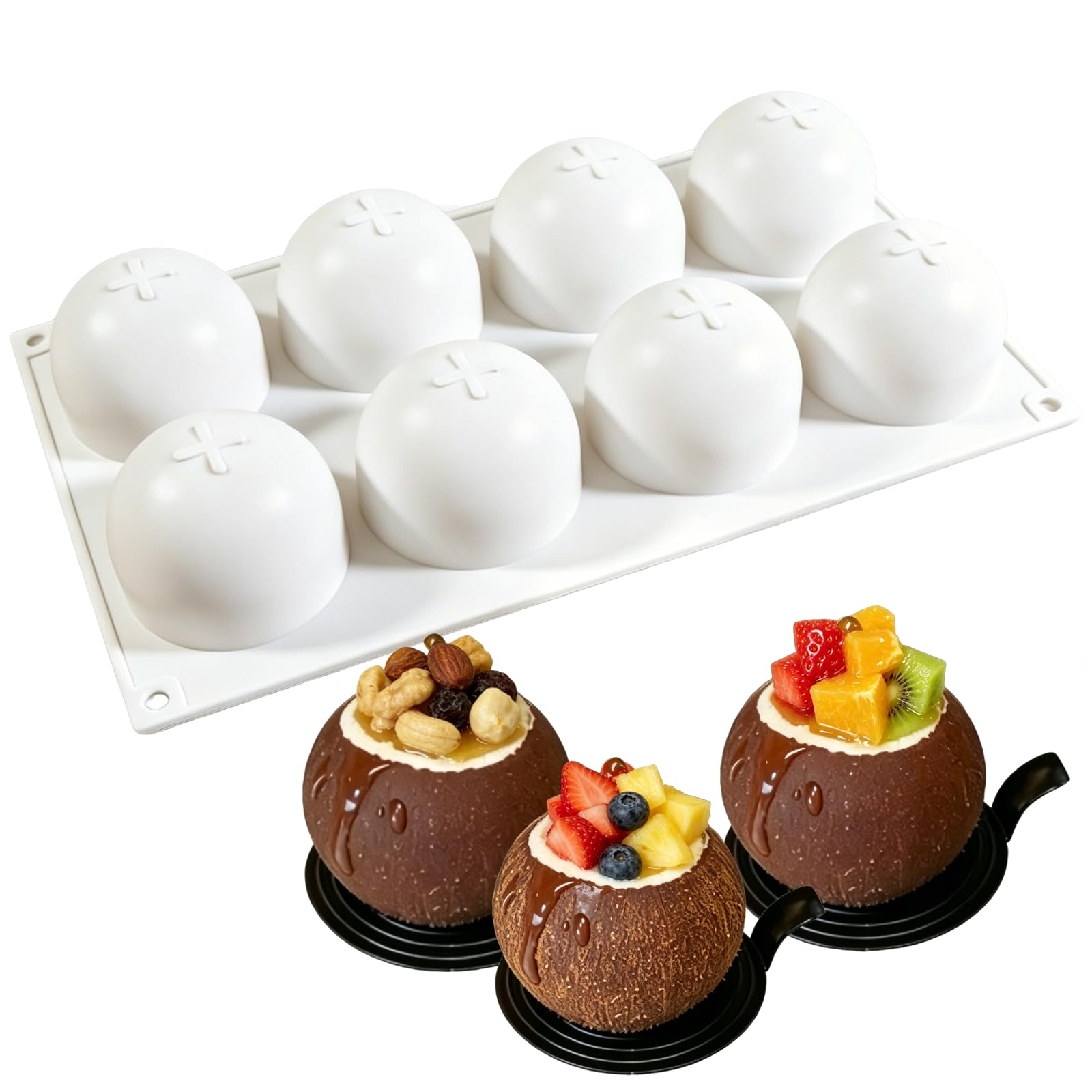 Jiasikaa 8Cavity Coconut Silicone Mold, NonStick Baking Mold for Cakes, Mousse, Cake Decoration, Chocolate, and Pastries, Coco
