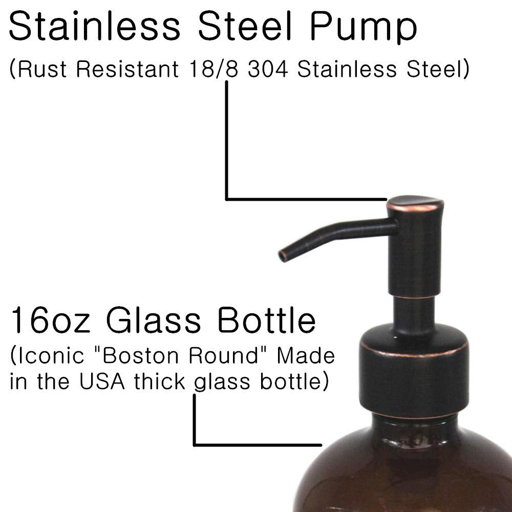 2 Pack Thick Amber Glass Pint Jar Soap Dispenser With Oil Rubbed Bronze Stainless Steel Pump, 16Ounce Boston Round Bottles Dispe